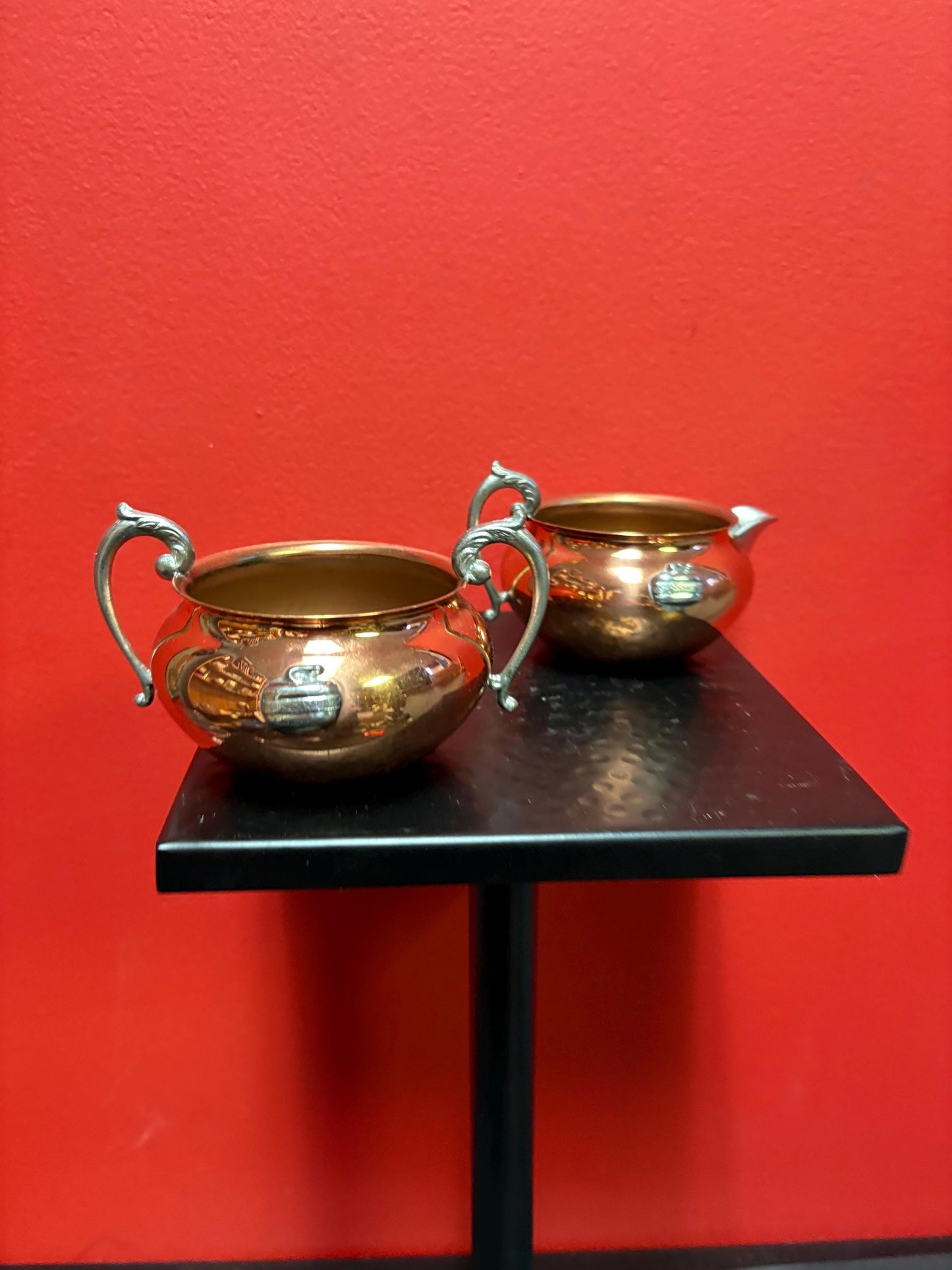 beautiful 4.5 x 2 inch high copper and silver plate curling cream and sugar  great gift  nice condition  curling