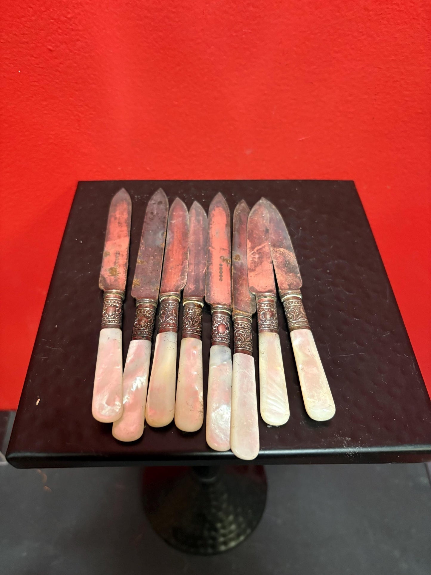 Set 8 antique silver and mother of pearl knives  need a polish  great value