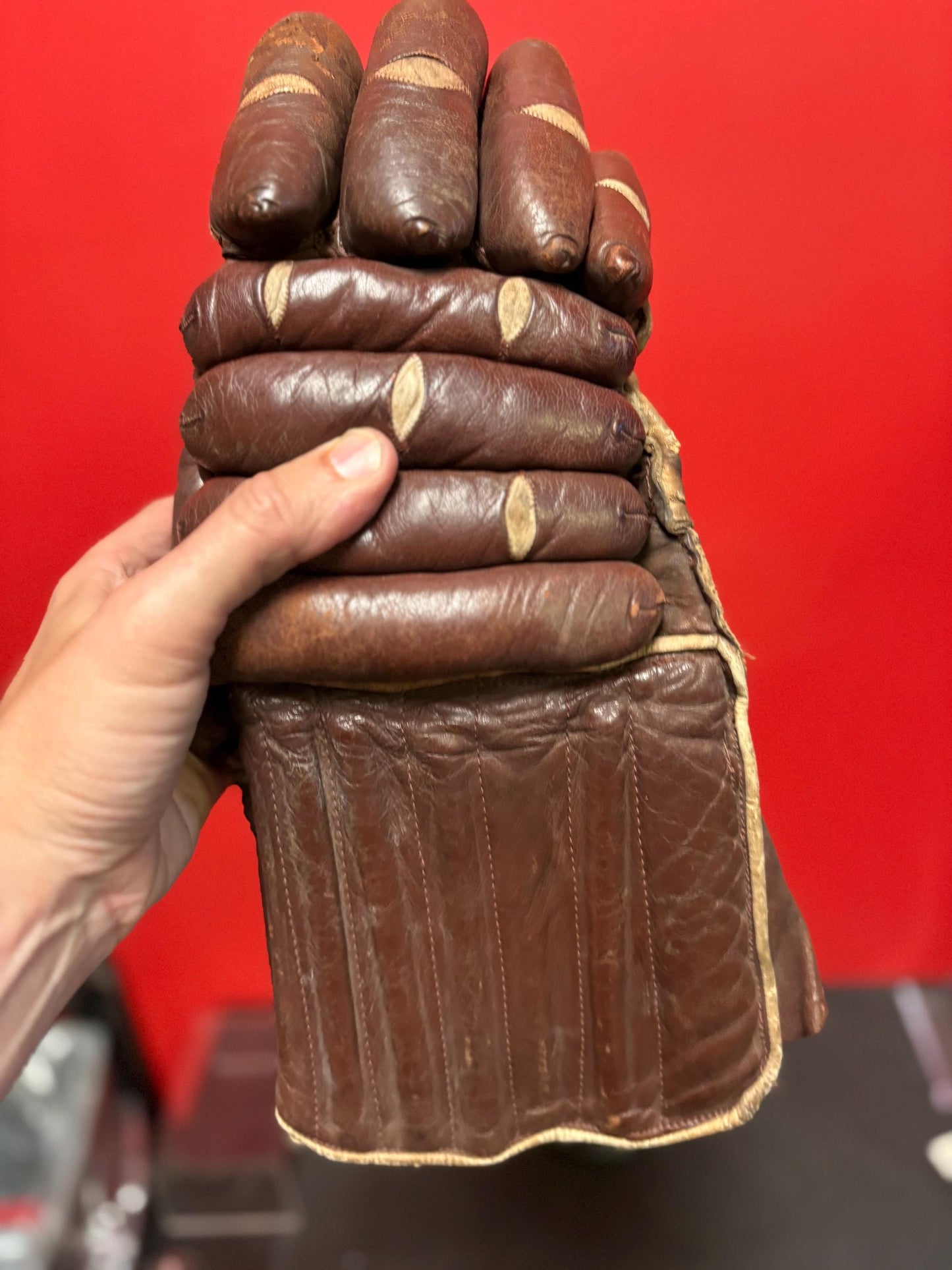 Beautiful antique English made leather  hockey gloves in good used condition - 13 x 6 wide  amazing sports memorabilia