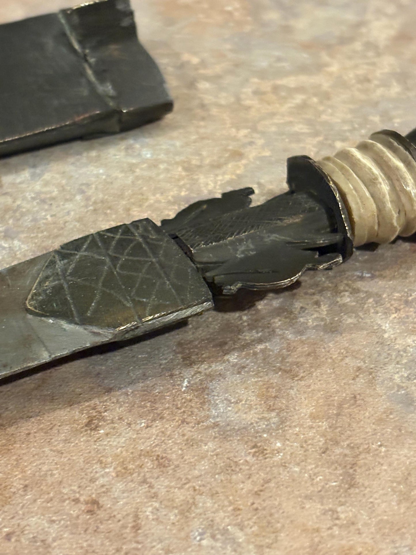 Fabulous museum quality 12 inch early 19 century African bronze steel and horn tribal  knife in sheaf - wonderful patina  great condition