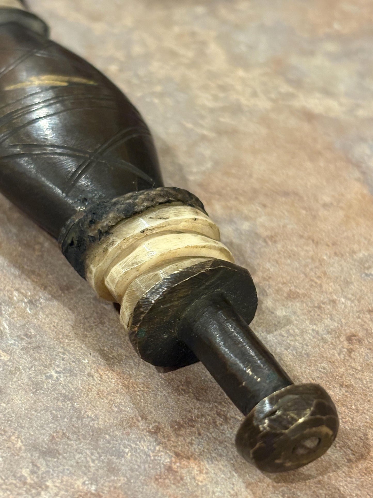 Fabulous museum quality 12 inch early 19 century African bronze steel and horn tribal  knife in sheaf - wonderful patina  great condition