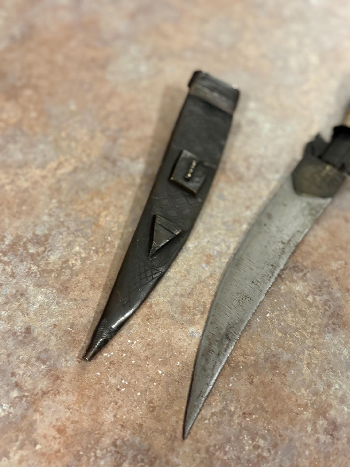 Fabulous museum quality 12 inch early 19 century African bronze steel and horn tribal  knife in sheaf - wonderful patina  great condition