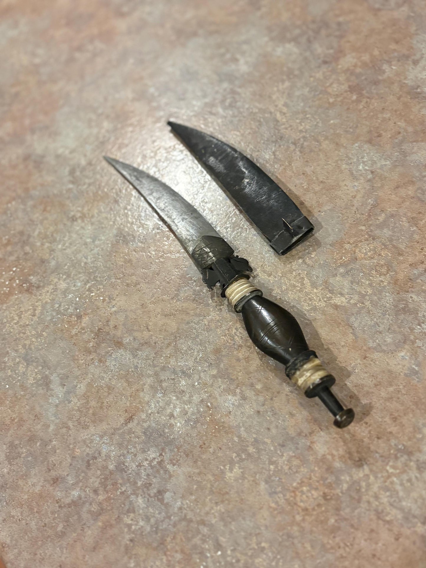 Fabulous museum quality 12 inch early 19 century African bronze steel and horn tribal  knife in sheaf - wonderful patina  great condition