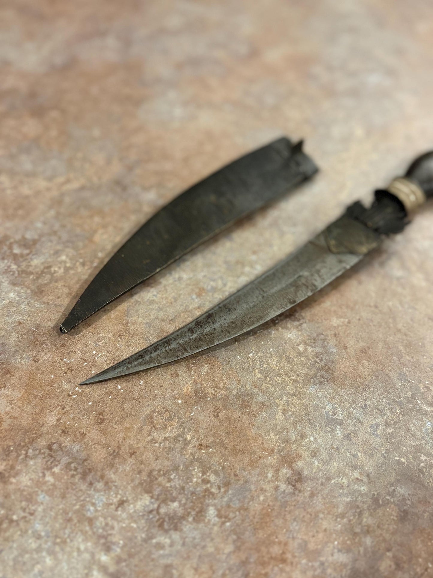 Fabulous museum quality 12 inch early 19 century African bronze steel and horn tribal  knife in sheaf - wonderful patina  great condition