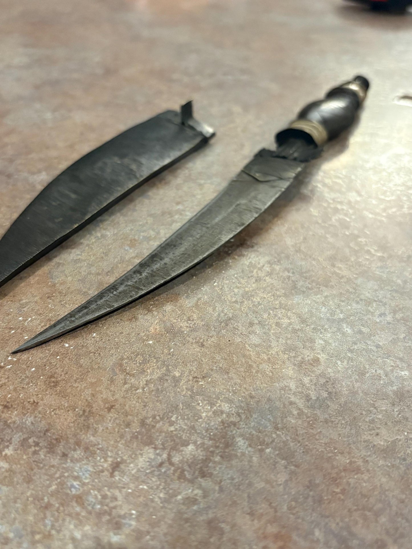 Fabulous museum quality 12 inch early 19 century African bronze steel and horn tribal  knife in sheaf - wonderful patina  great condition
