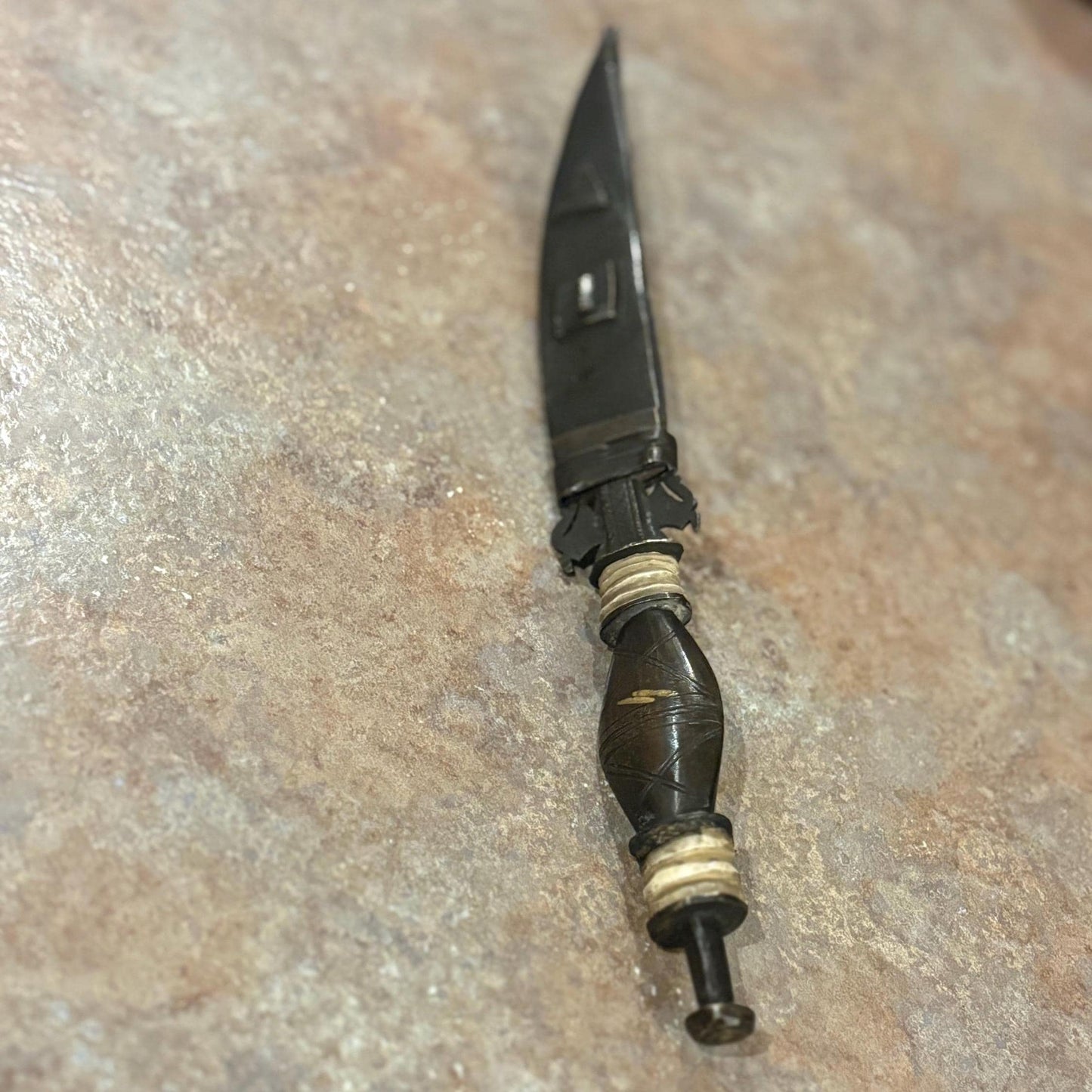 Fabulous museum quality 12 inch early 19 century African bronze steel and horn tribal  knife in sheaf - wonderful patina  great condition