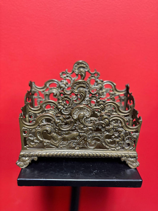 Stunning antique English 8 x 4 by 6 inch high brass letter rack with amazing imagery great to use or gift  desk decor