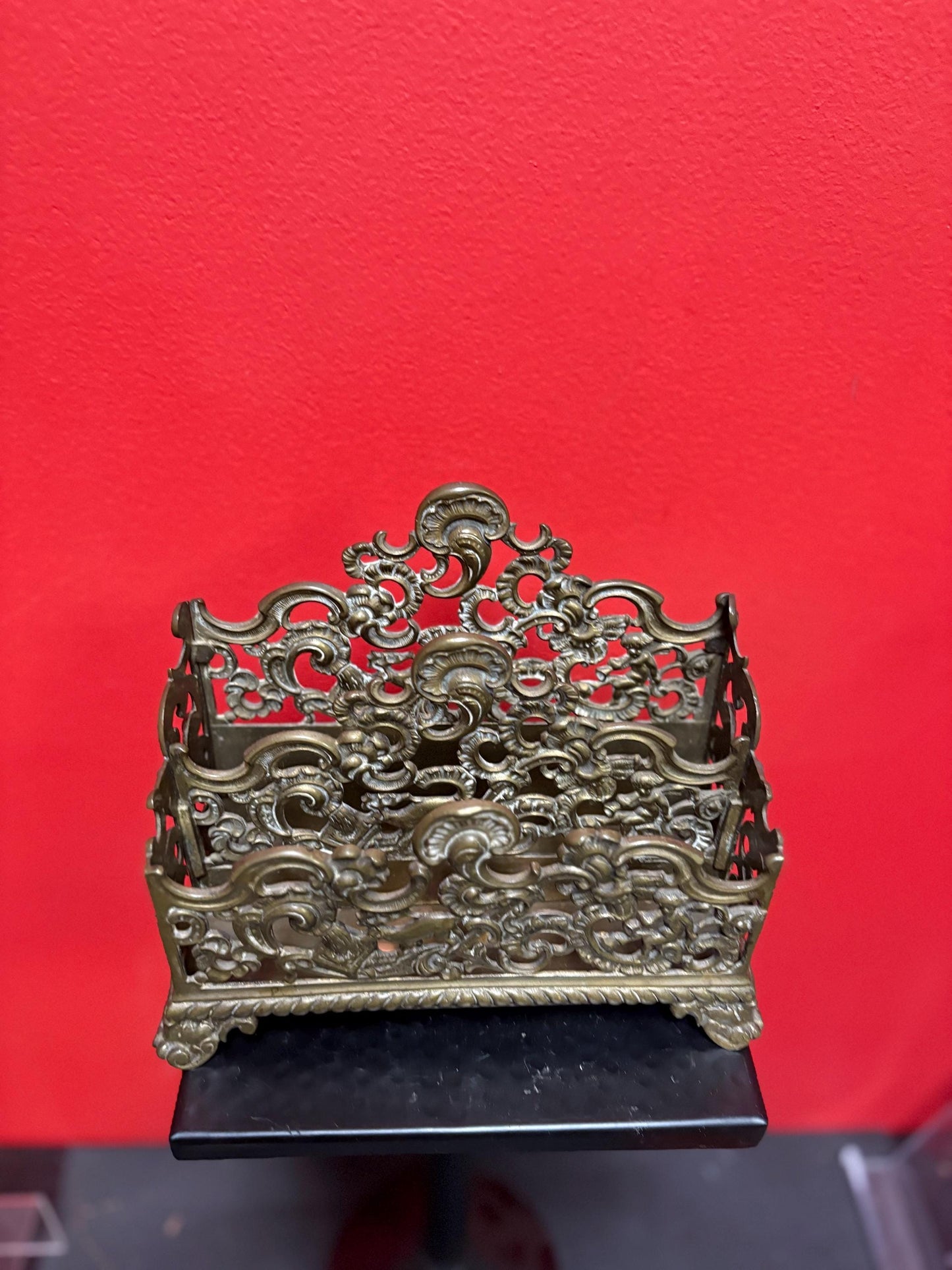 Stunning antique English 8 x 4 by 6 inch high brass letter rack with amazing imagery great to use or gift  desk decor