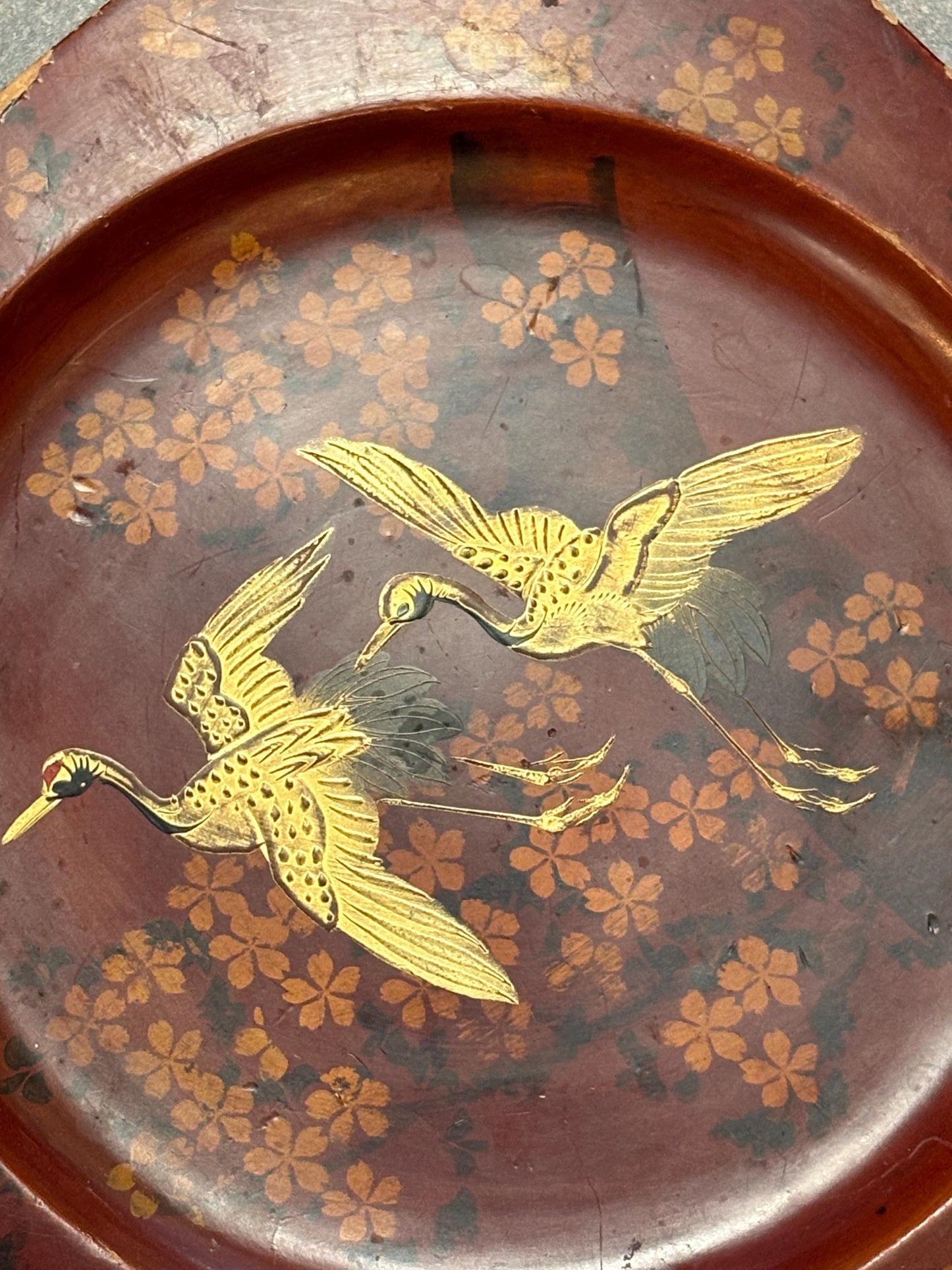 Stunning 19 century Japanese lacquer plaque ready to hang   9 inches across  some scratches