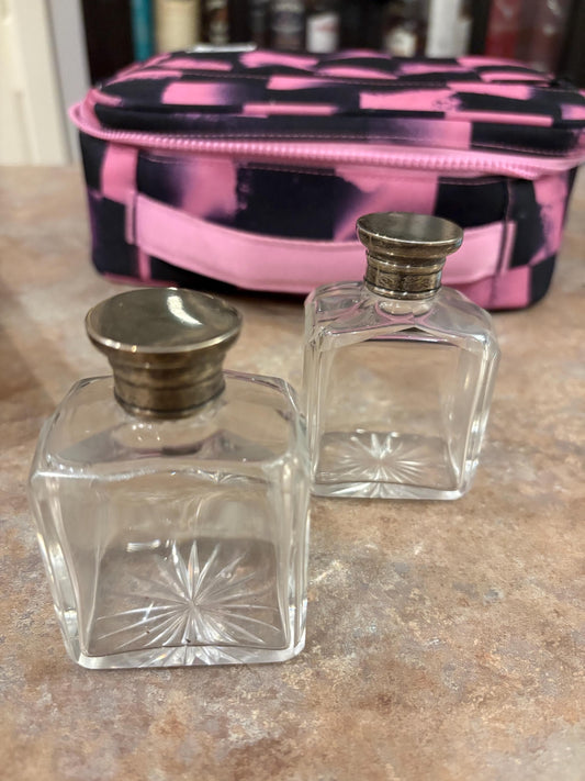 Pair English antique half inch tall untested silver top crystal bottles