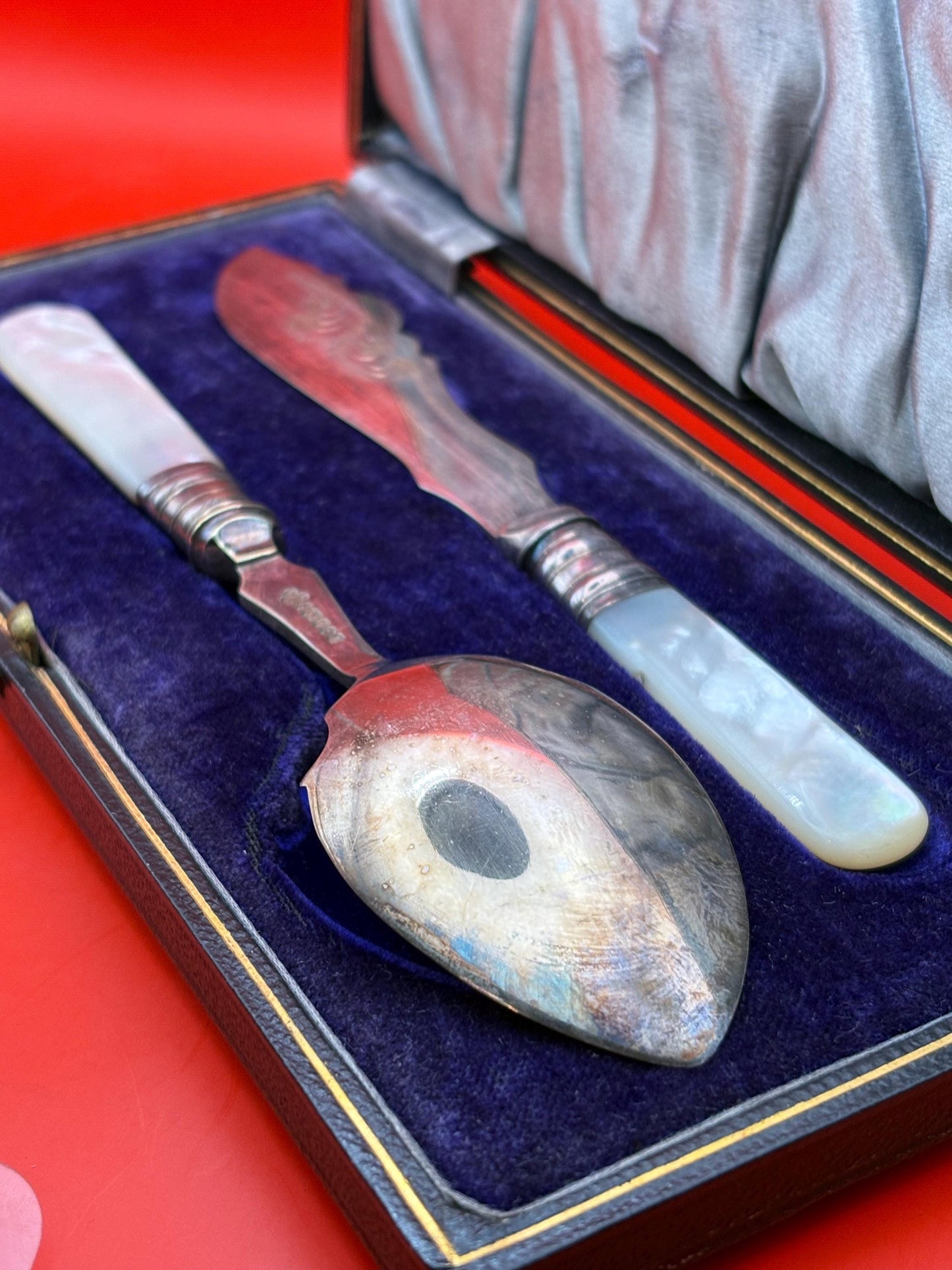 Antique silver plate and another pearl knife and spoon in original box 6.25 inches long  great gift