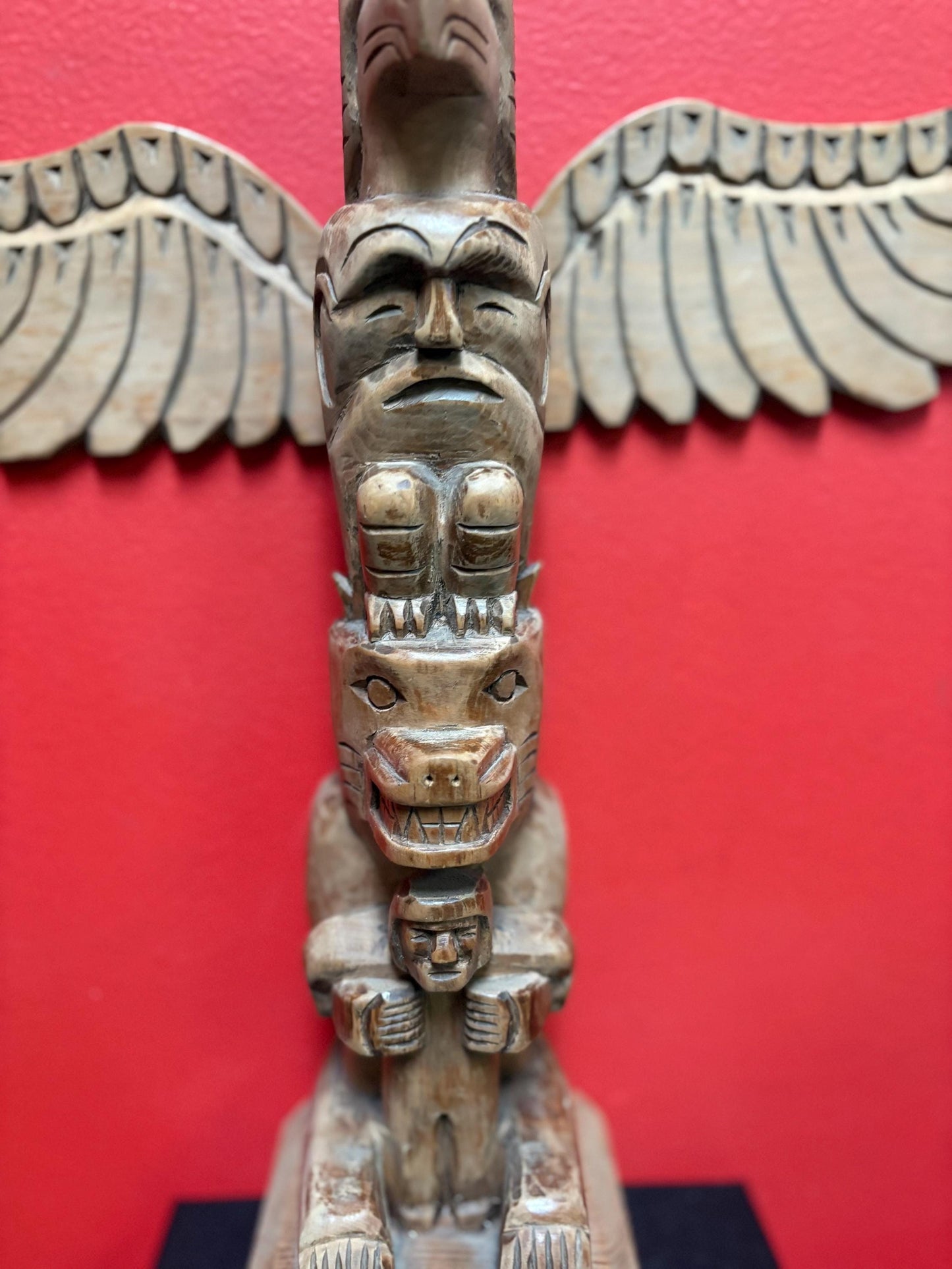 14.5 x 13 inch signed indigenous First Nations Pacific Northwest coast totem pole  great detail