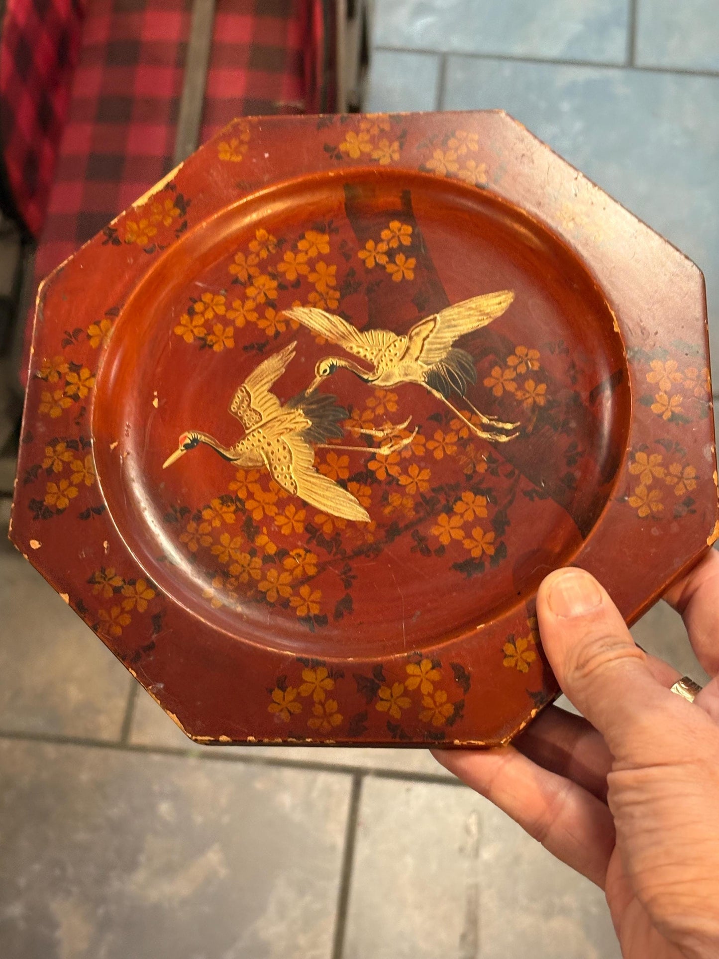 Stunning 19 century Japanese lacquer plaque ready to hang   9 inches across  some scratches