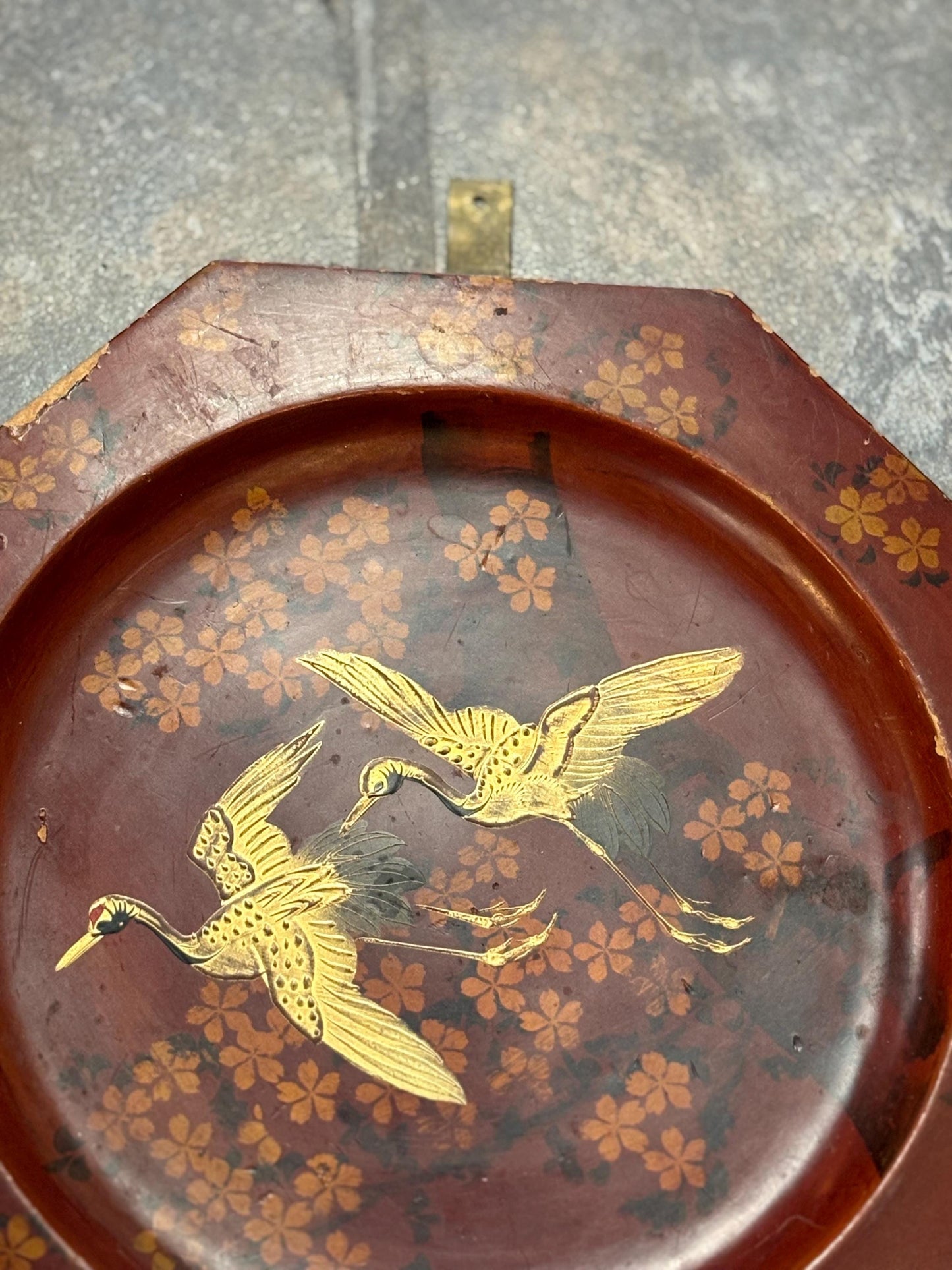 Stunning 19 century Japanese lacquer plaque ready to hang   9 inches across  some scratches