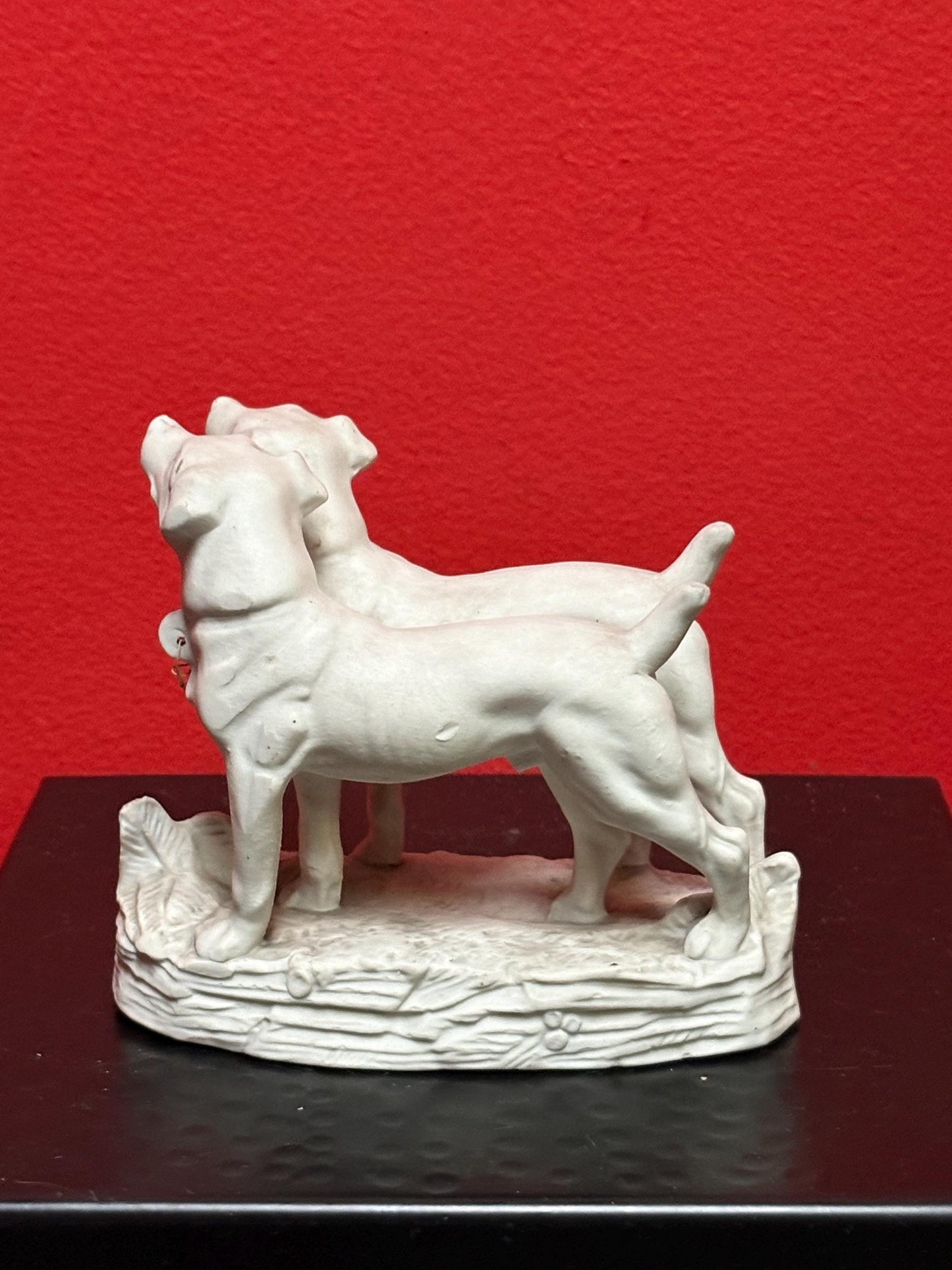 English antique BISQUE 5 x 5 inch statue of hunting dogs in perfect condition -