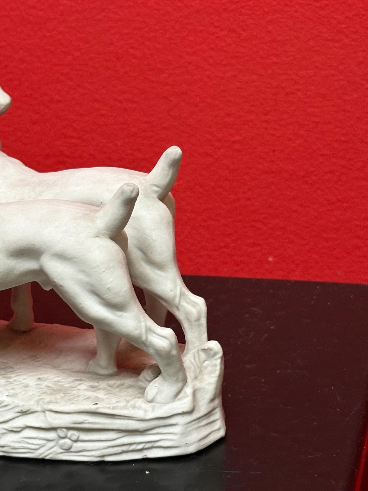 English antique BISQUE 5 x 5 inch statue of hunting dogs in perfect condition -