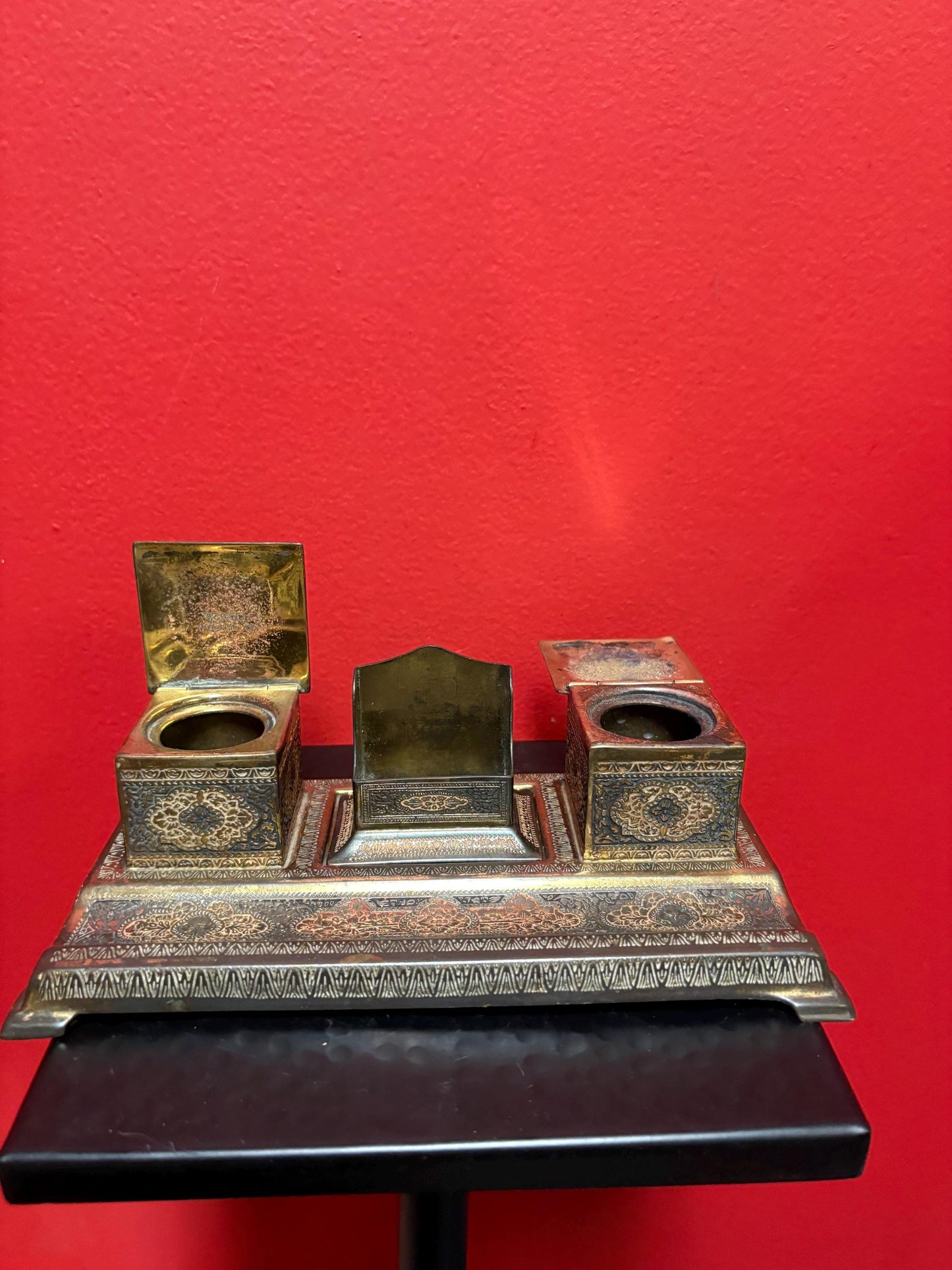 Vintage English Indian Raj style 8 x 5 x 2 1/2“ high highly engraved inkwell set no bottles  great gift