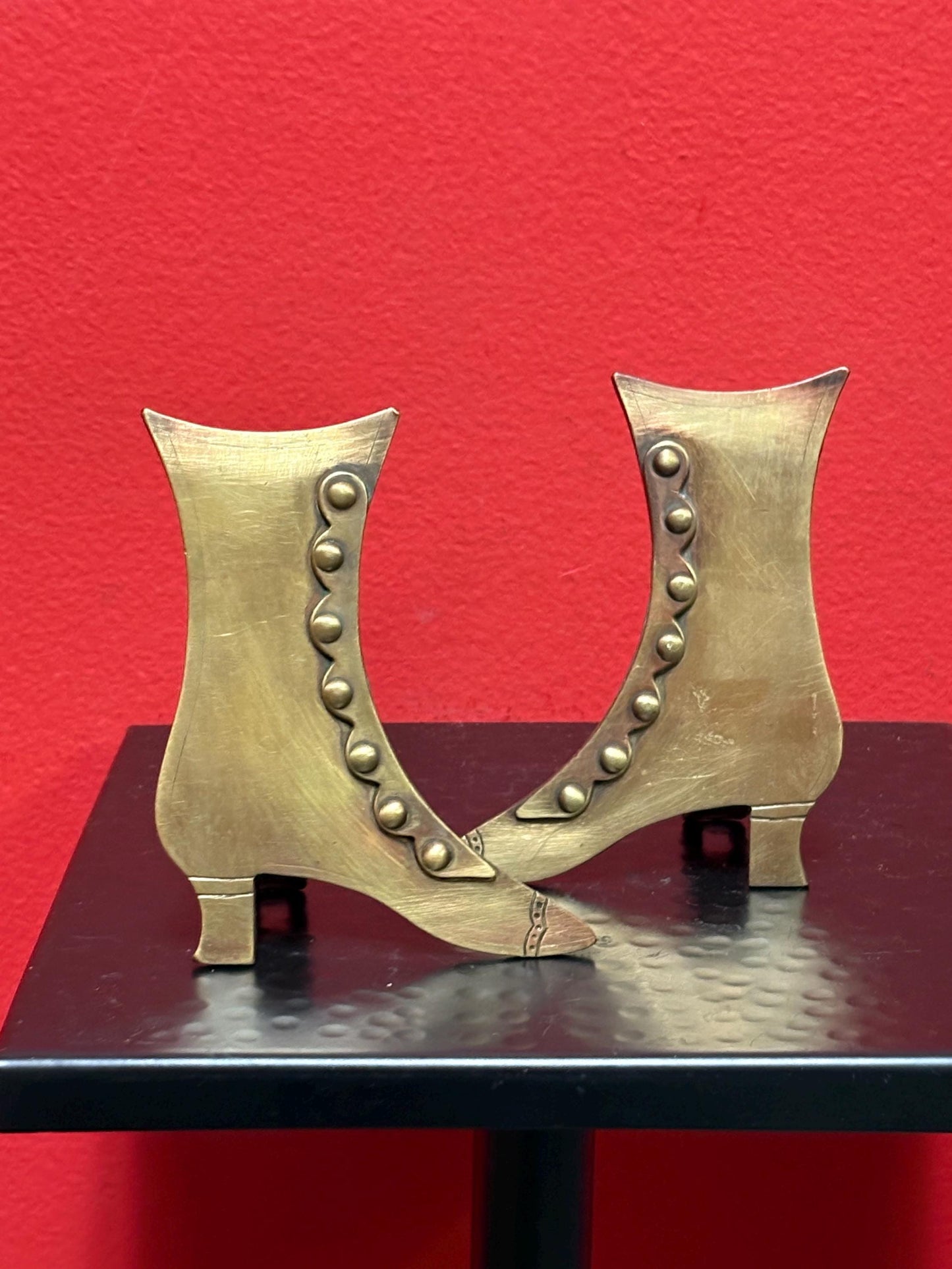 Pair of antique English brass 4 1/2 inch tall boots  ornamental or bookends