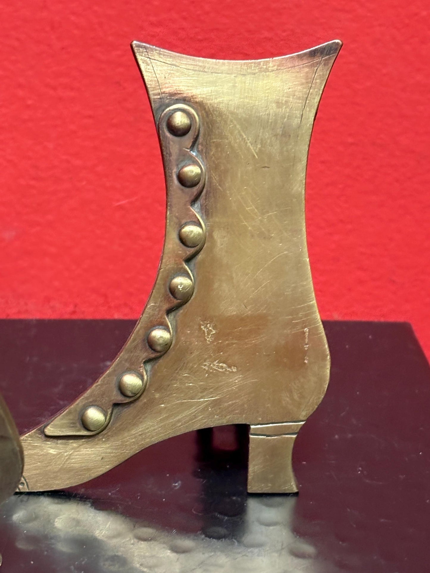 Pair of antique English brass 4 1/2 inch tall boots  ornamental or bookends