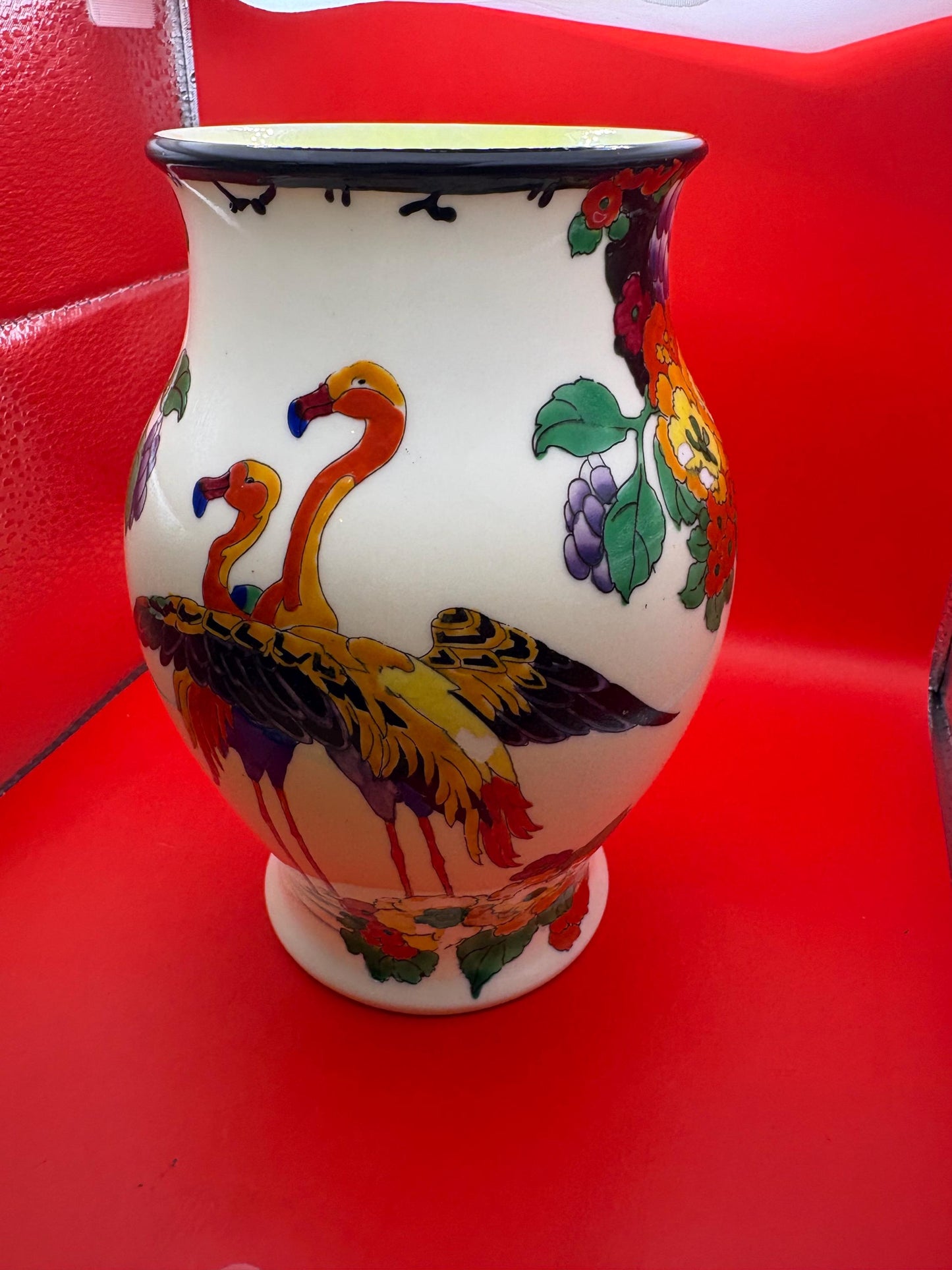 rare Antique Royal Doulton Mandarin wear flamingo vase by Robert Allen   Minor paint flaking  7 inches tall