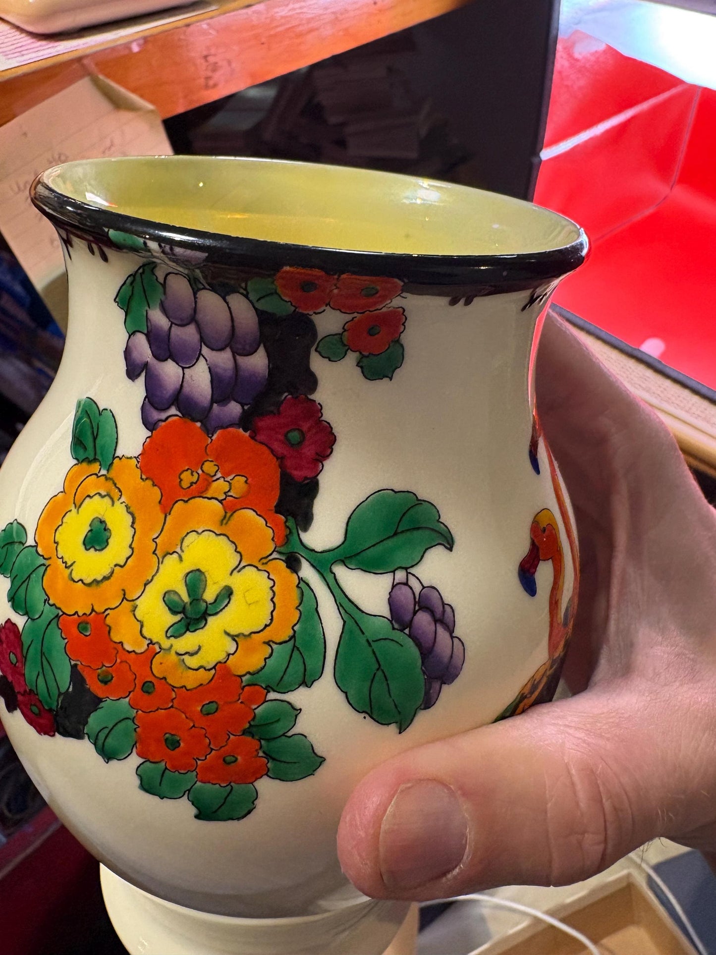 rare Antique Royal Doulton Mandarin wear flamingo vase by Robert Allen   Minor paint flaking  7 inches tall