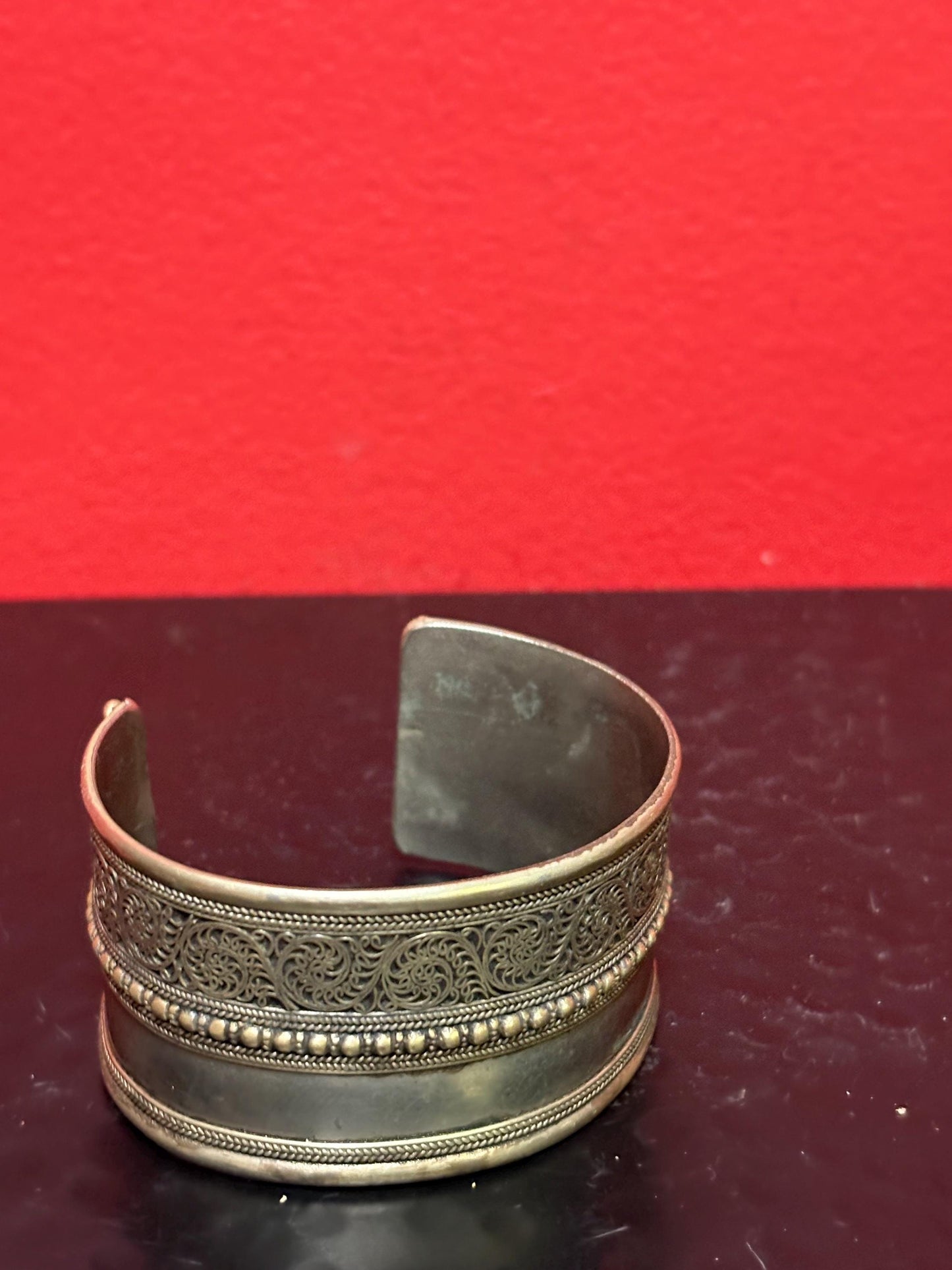 Persian vintage silver plate and brass Cuff bangle - 3 x 1.5 high  nice detail