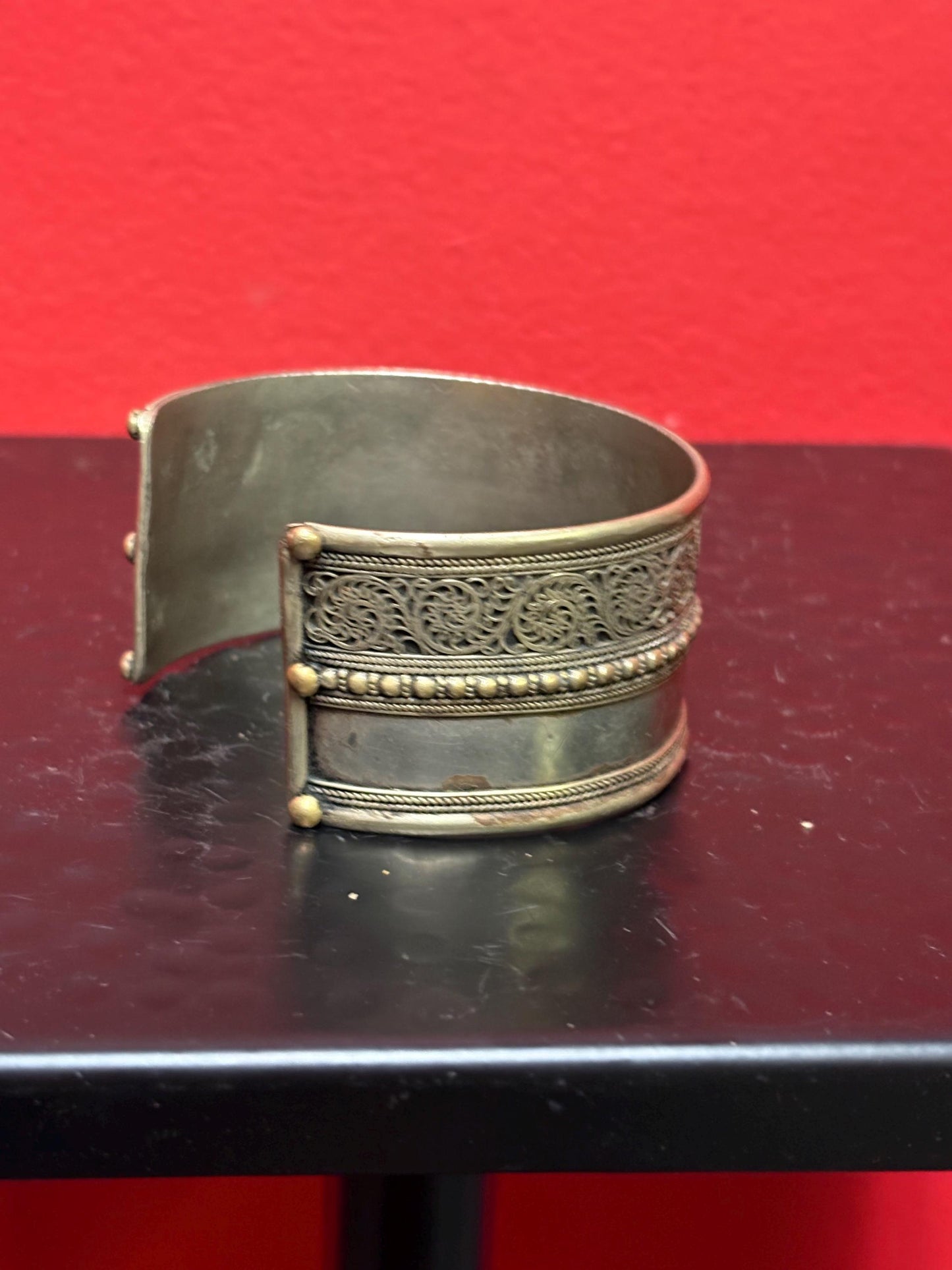 Persian vintage silver plate and brass Cuff bangle - 3 x 1.5 high  nice detail