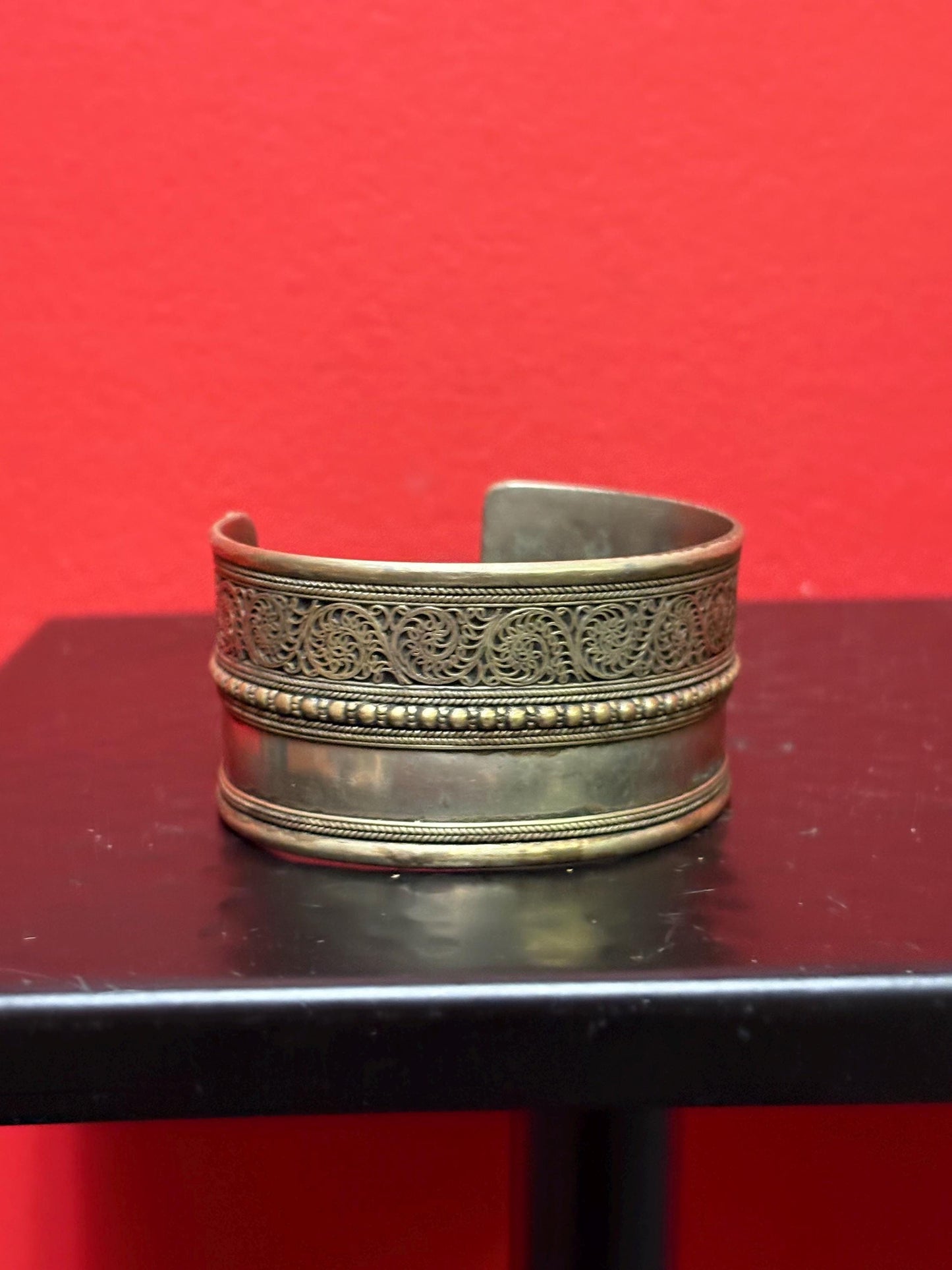 Persian vintage silver plate and brass Cuff bangle - 3 x 1.5 high  nice detail