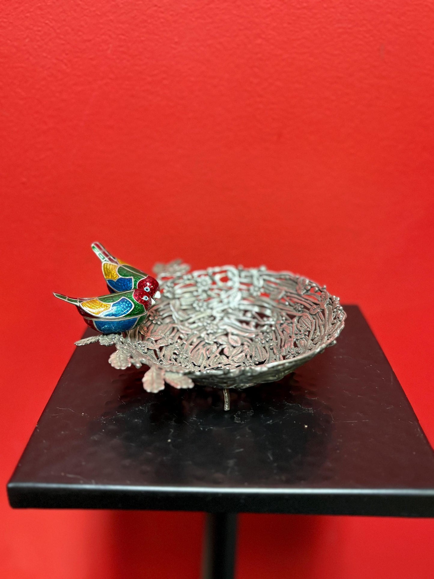 Stunning 6 x 2 high and tested silver and enamel signed Birds nest bowl with amazing detail