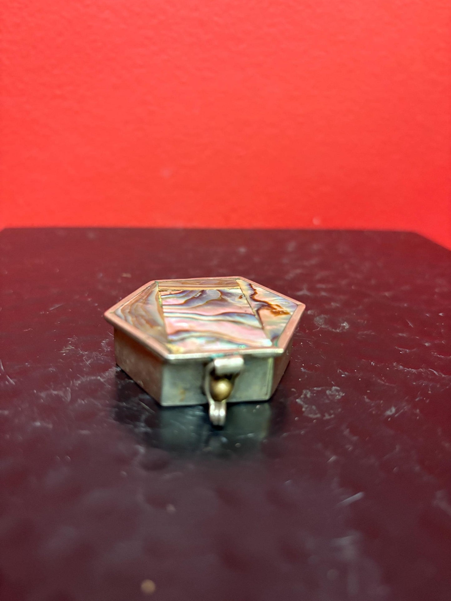 Mexican untested silver and abalone shell box  2 inches long