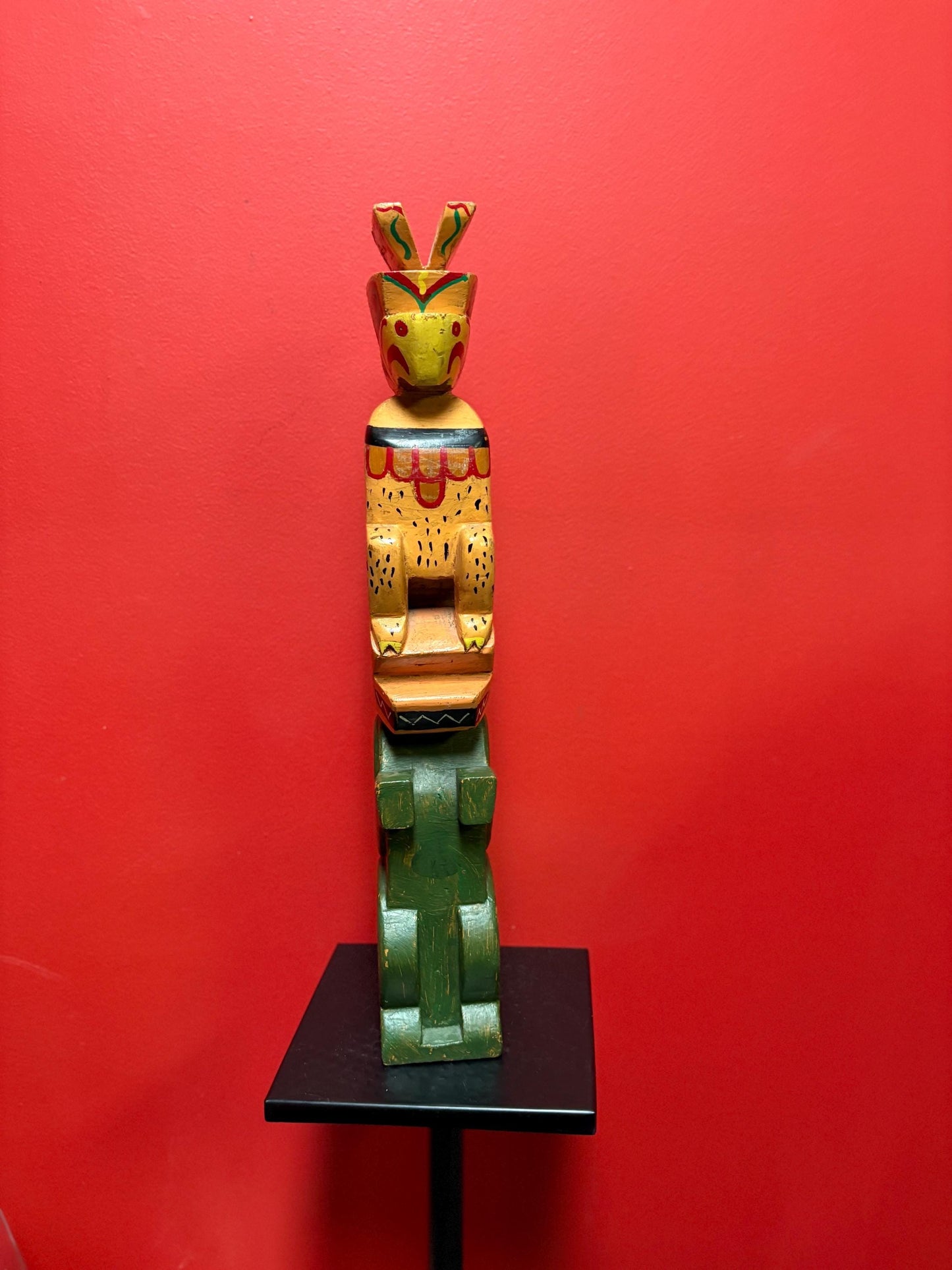 Antique primitive indigenous first nation pacific north West Coast 19 inch tall eagle frog transformation totem pole