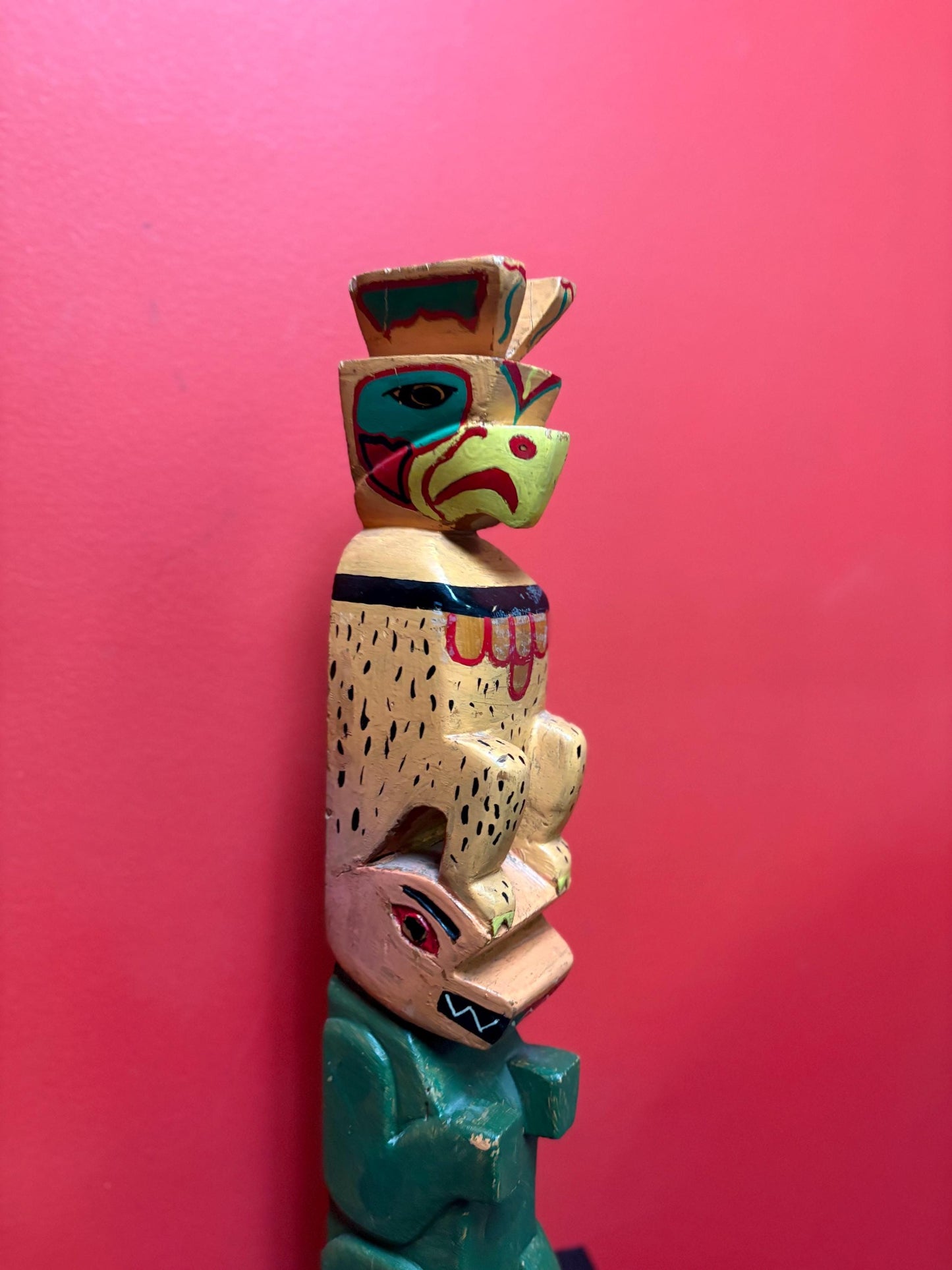 Antique primitive indigenous first nation pacific north West Coast 19 inch tall eagle frog transformation totem pole