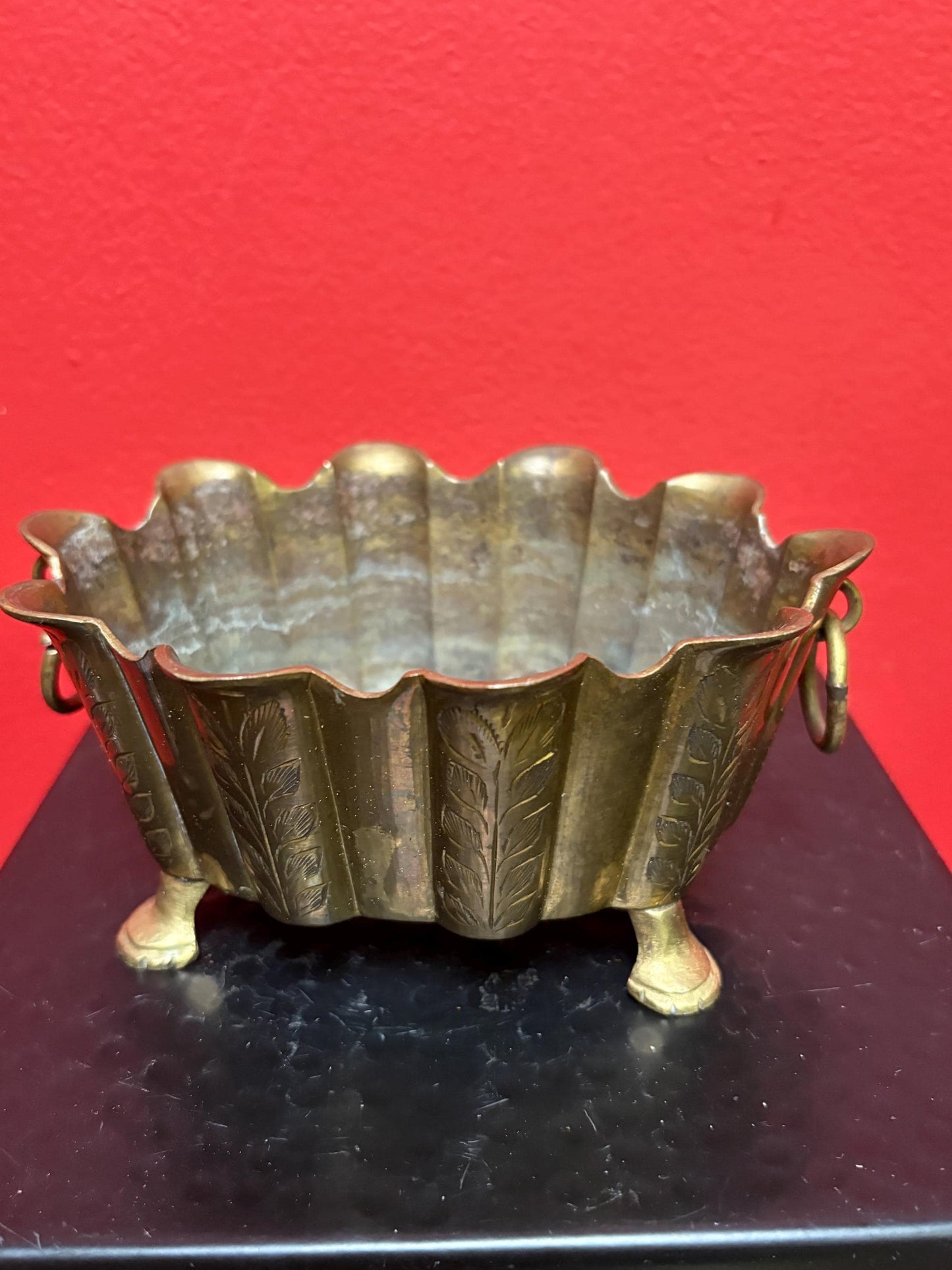 Small signed antique Indian brass planter   6 x 4 x 3 1/2“ high