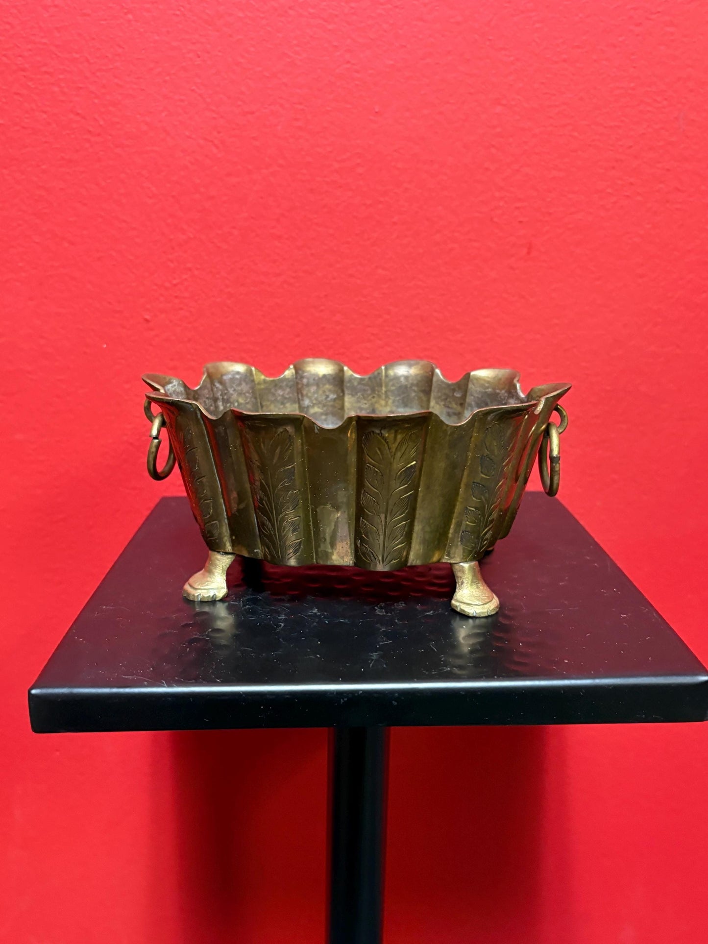 Small signed antique Indian brass planter   6 x 4 x 3 1/2“ high