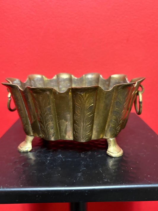 Small signed antique Indian brass planter   6 x 4 x 3 1/2“ high