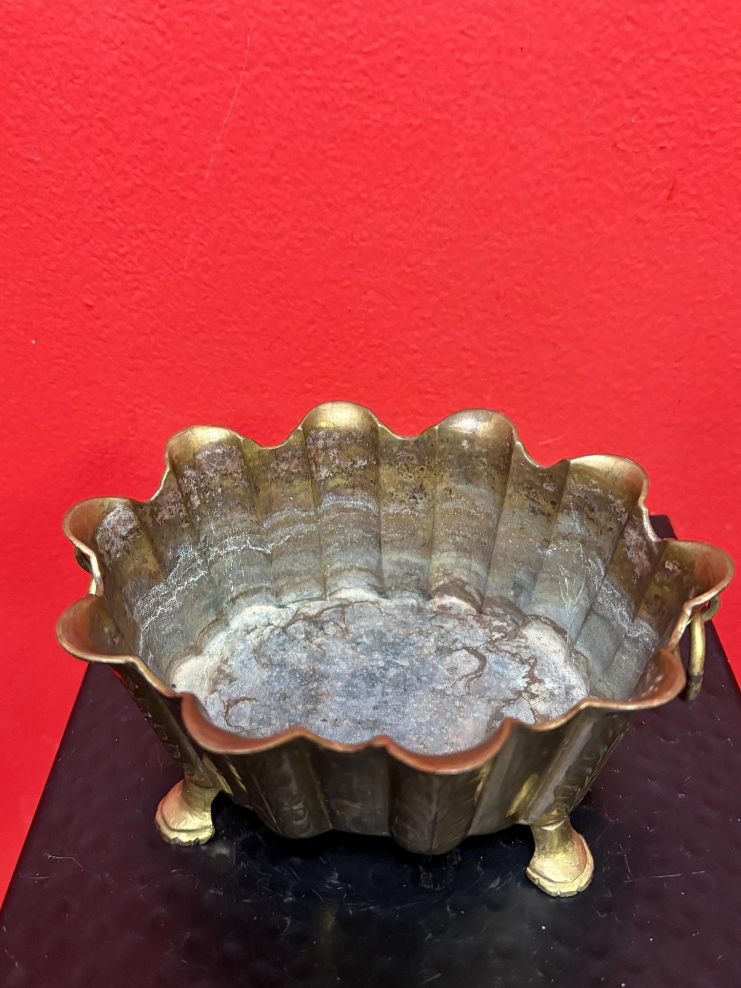 Small signed antique Indian brass planter   6 x 4 x 3 1/2“ high