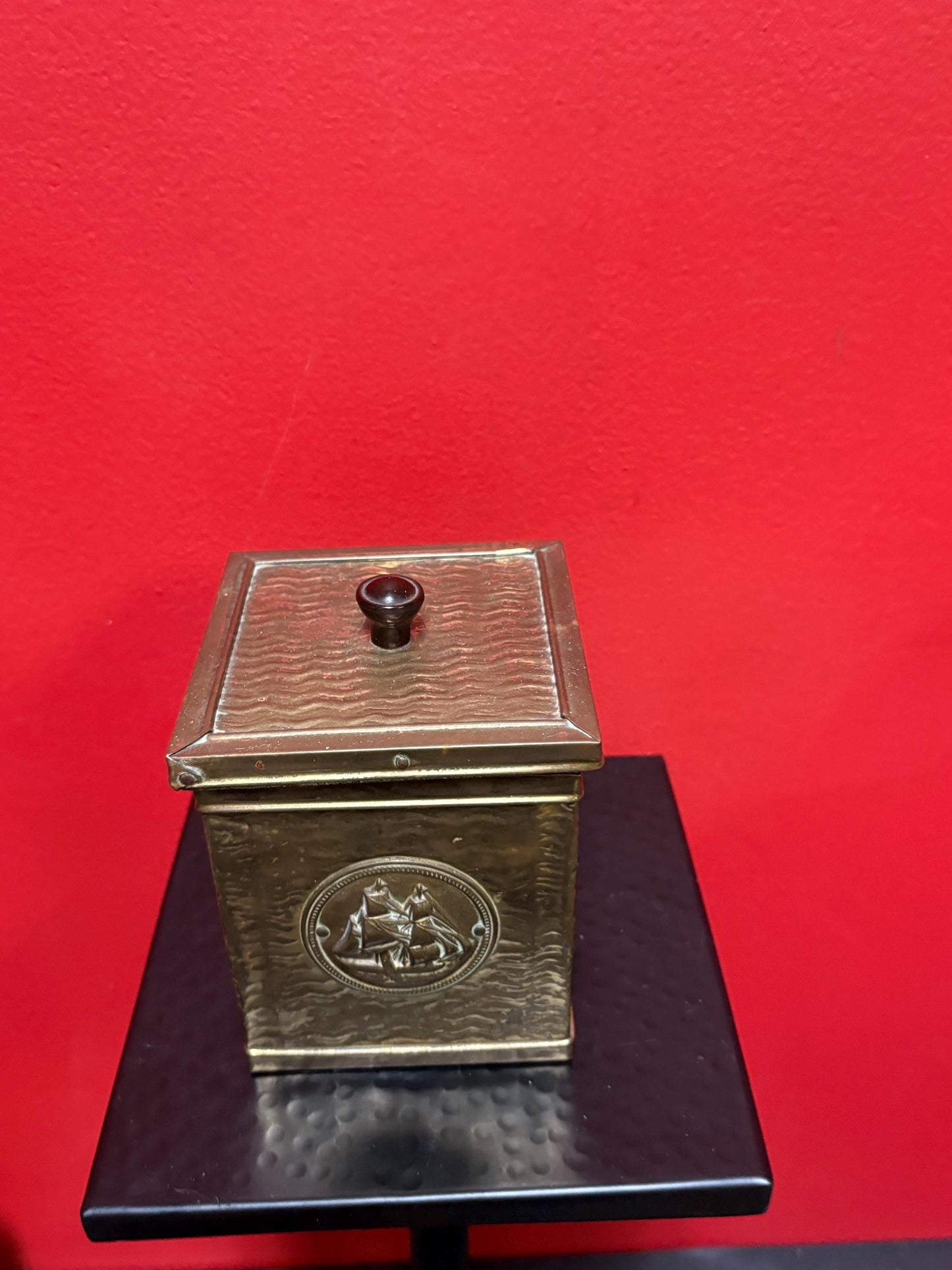 Small signed antique Indian brass planter   6 x 4 x 3 1/2“ high