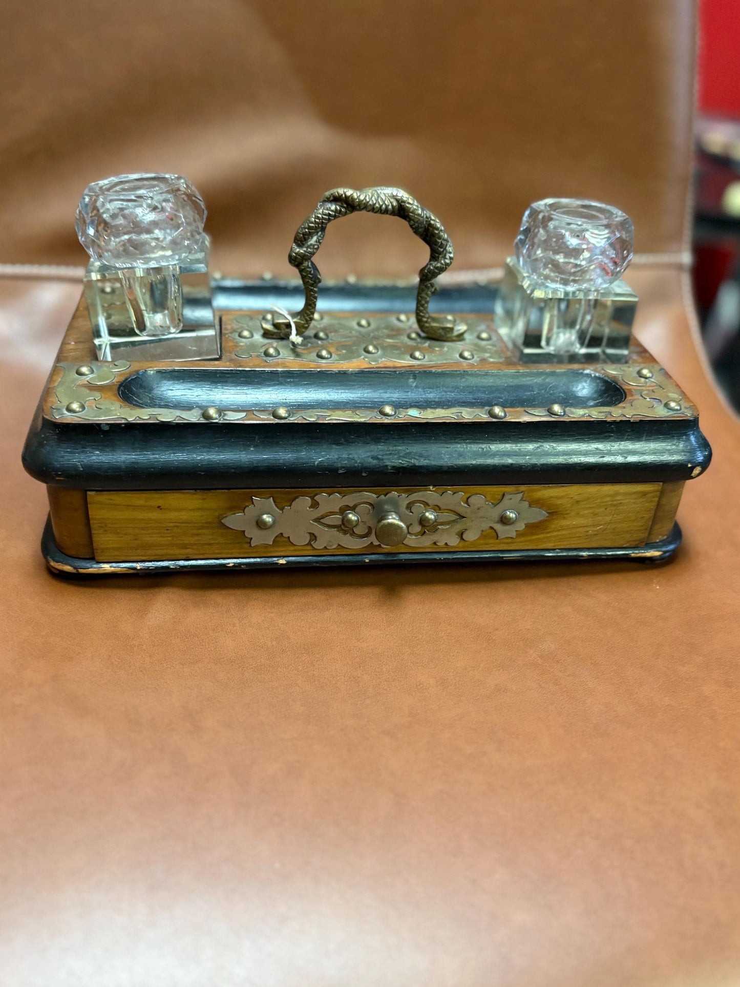 Antique 10 x 6 x 6 inch inkwell set  wonderful style and condition  great for desk or gift