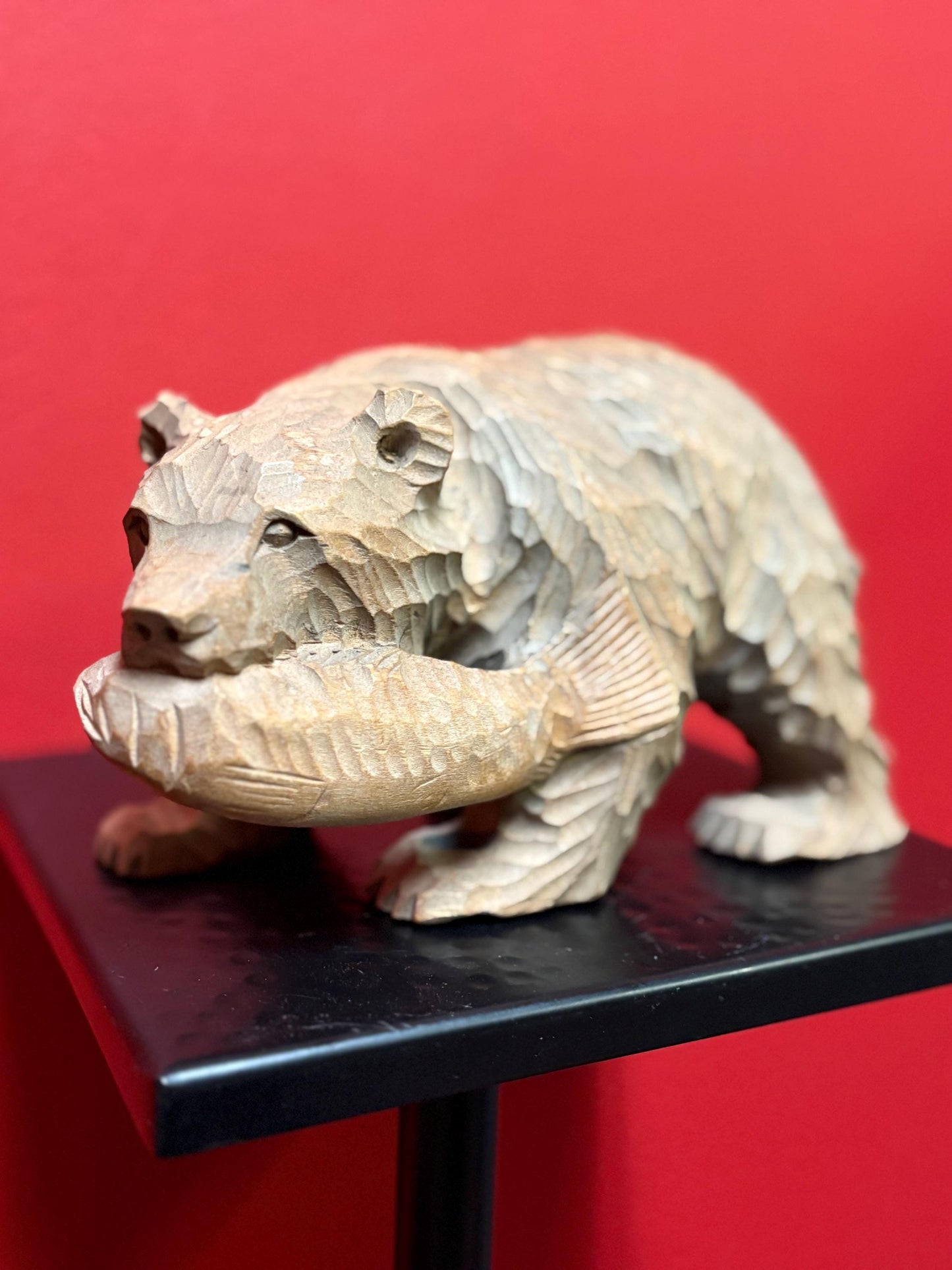 Antique Canadian carved wooden bear with salmon in mouth  7 1/2 x 4 high  nice detail  perfect gift