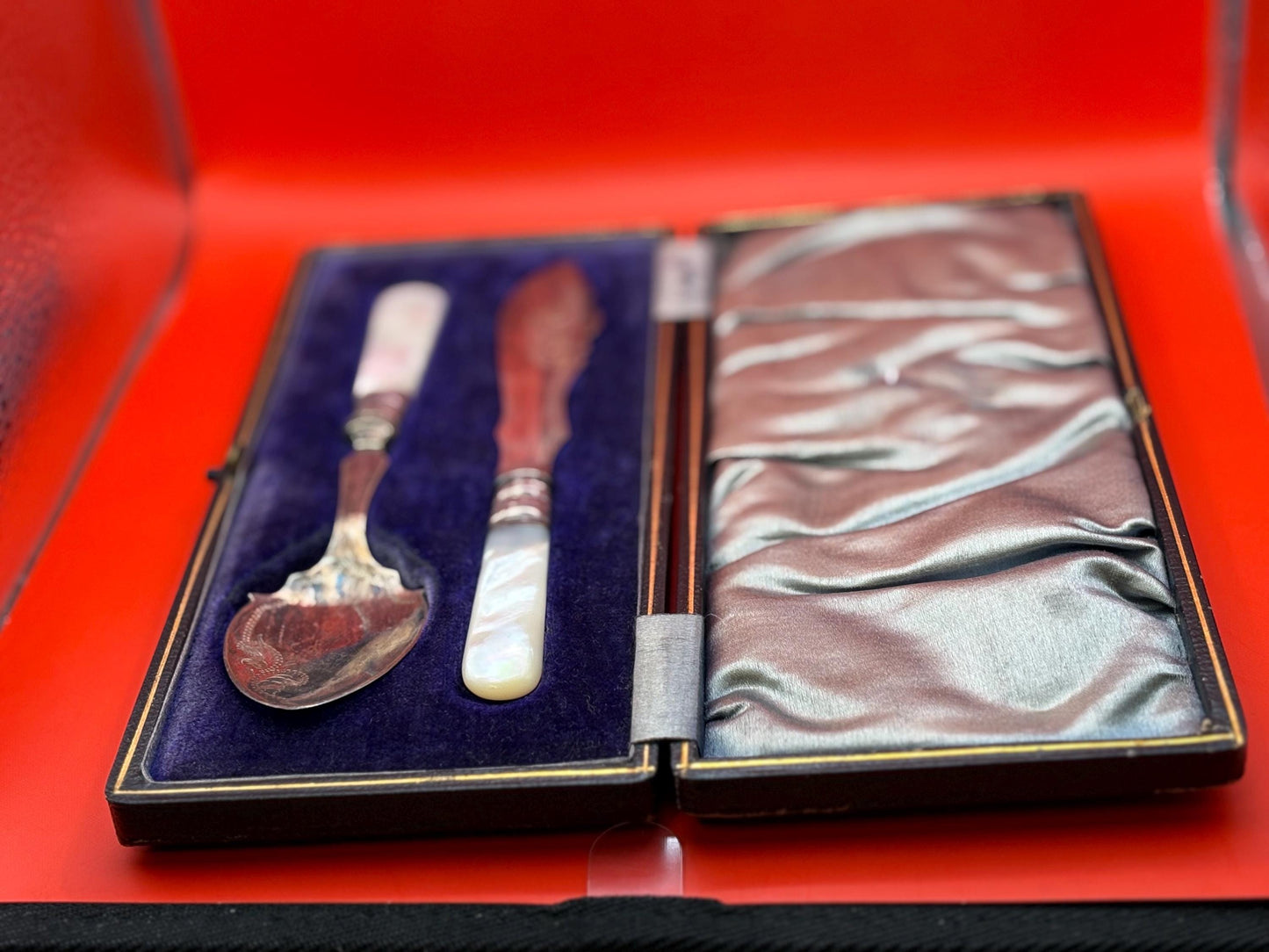 Antique silver plate and another pearl knife and spoon in original box 6.25 inches long  great gift