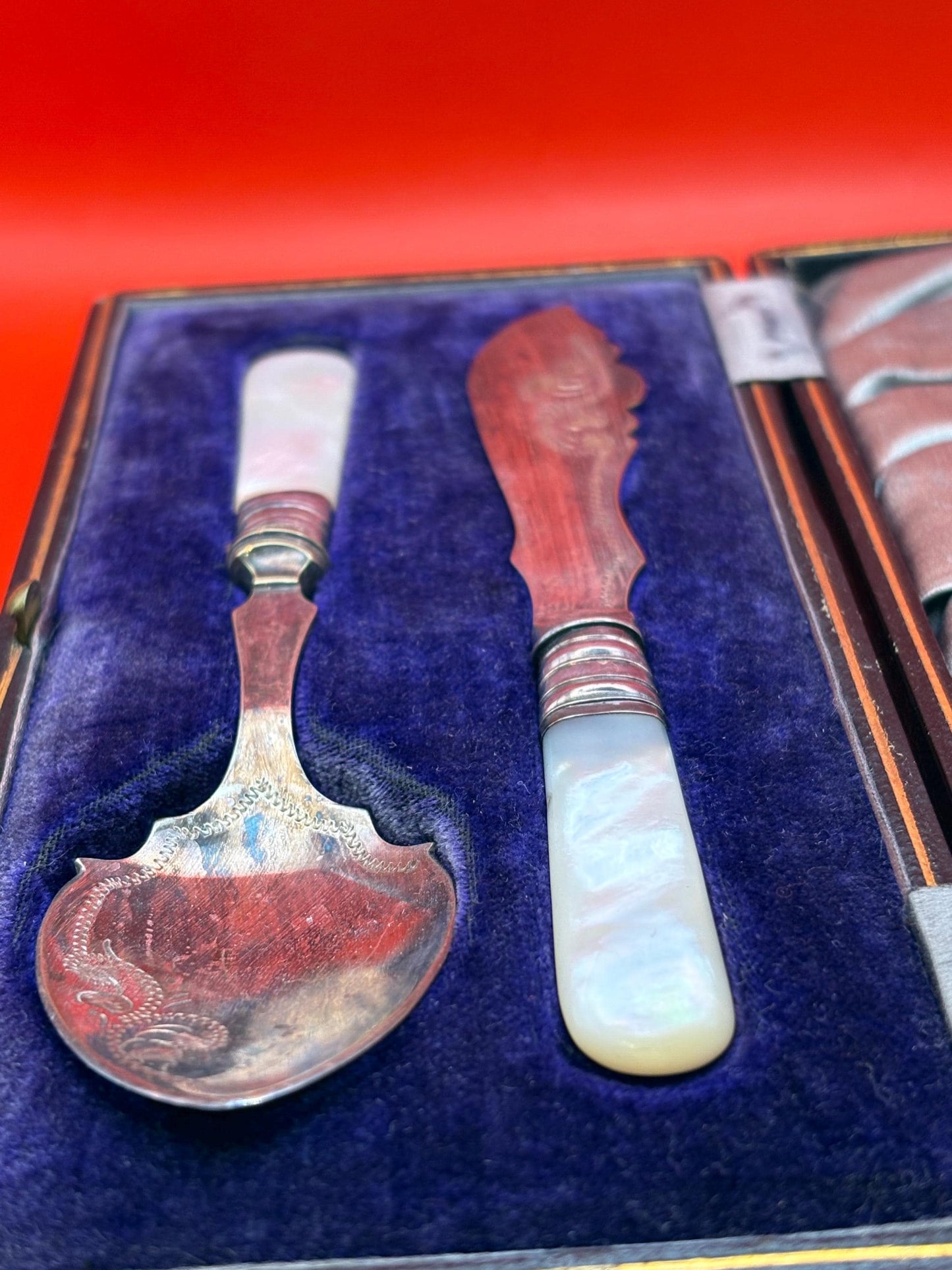 Antique silver plate and another pearl knife and spoon in original box 6.25 inches long  great gift