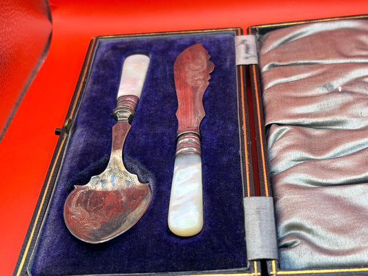Antique silver plate and another pearl knife and spoon in original box 6.25 inches long  great gift