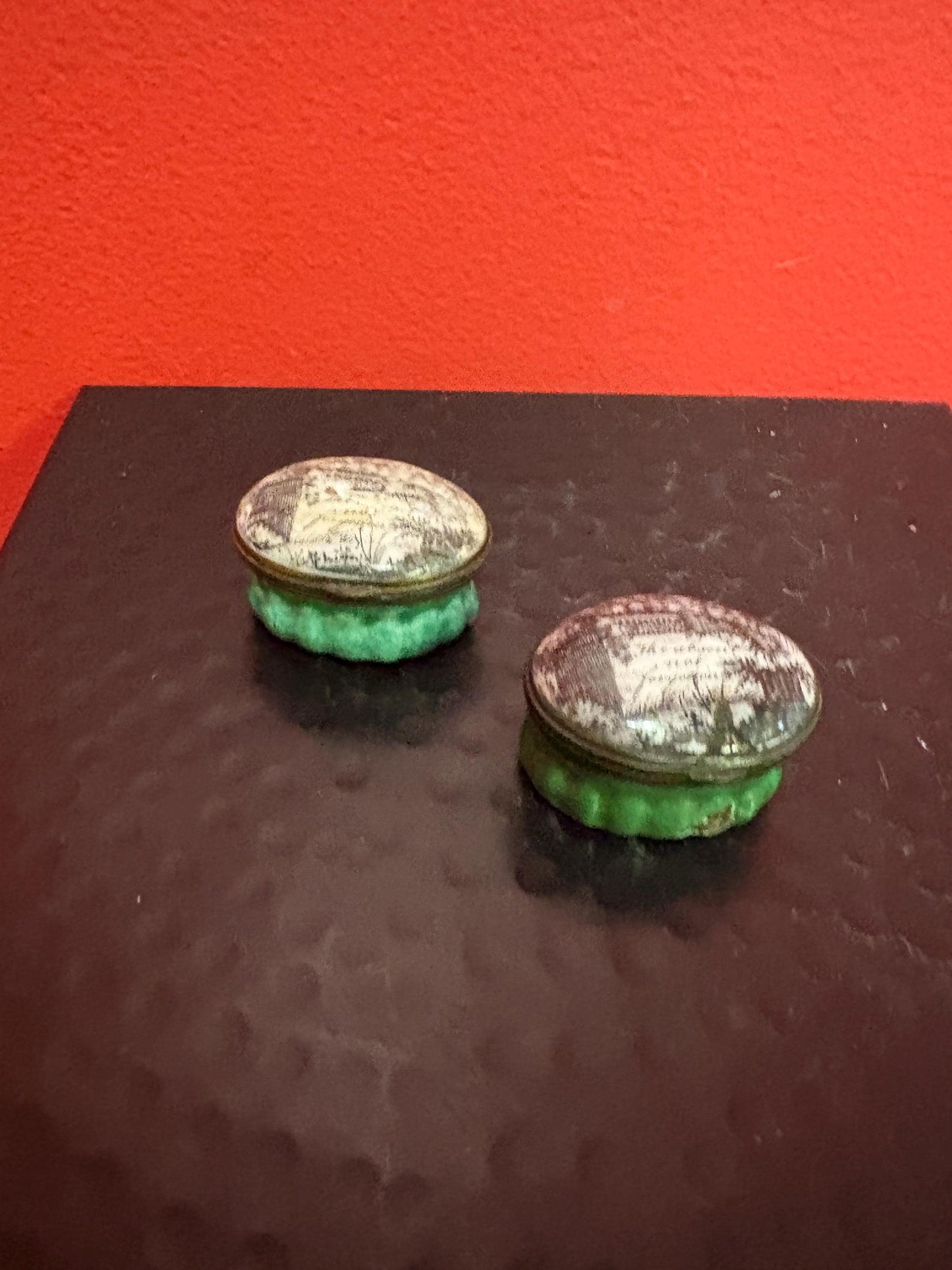 Pair of antique enamel early 19 century pillbox in rough condition - one and a half inches
