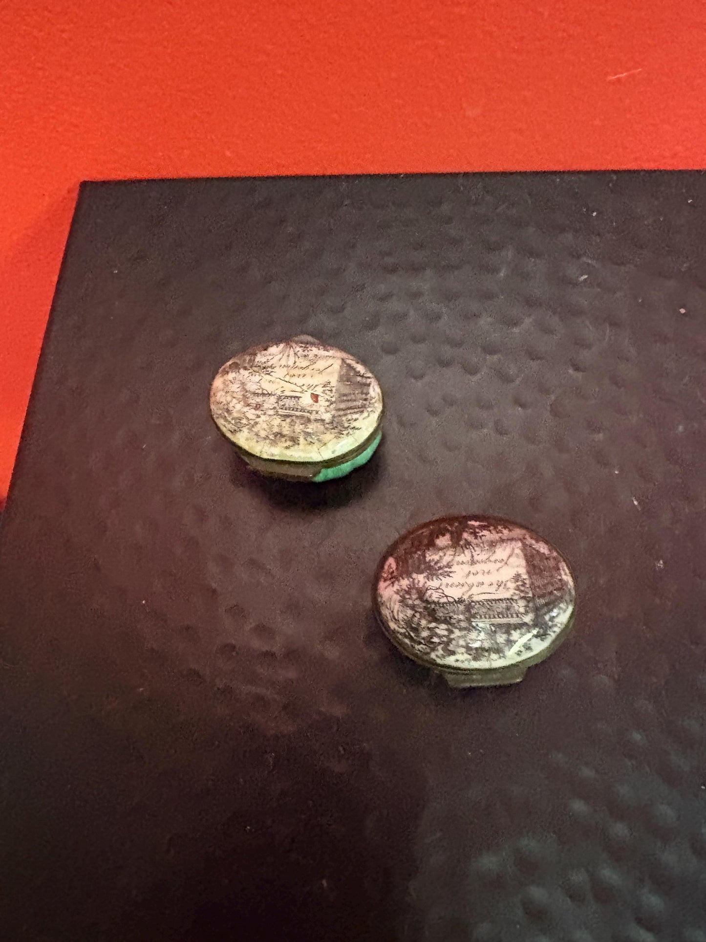 Pair of antique enamel early 19 century pillbox in rough condition - one and a half inches