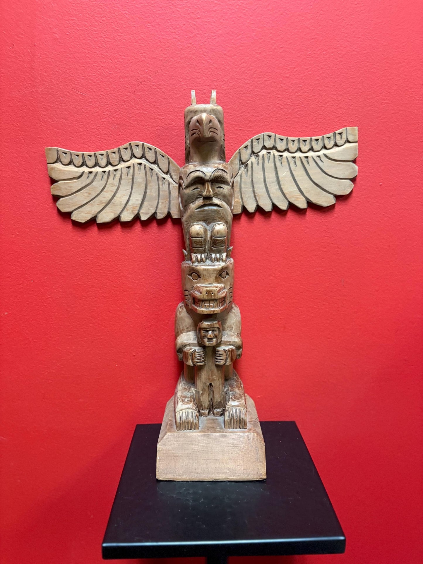 14.5 x 13 inch signed indigenous First Nations Pacific Northwest coast totem pole  great detail