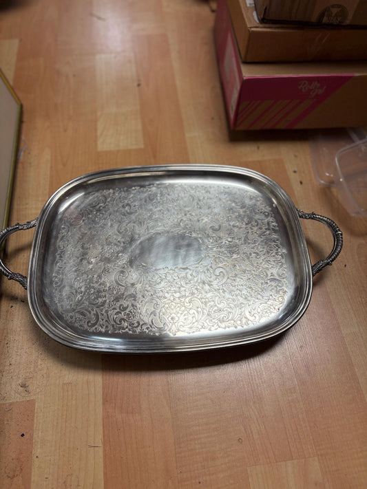 Huge antique English silver plated tray - 22 x 14 wide with beautiful feet - great floral design and no monogram - great gift