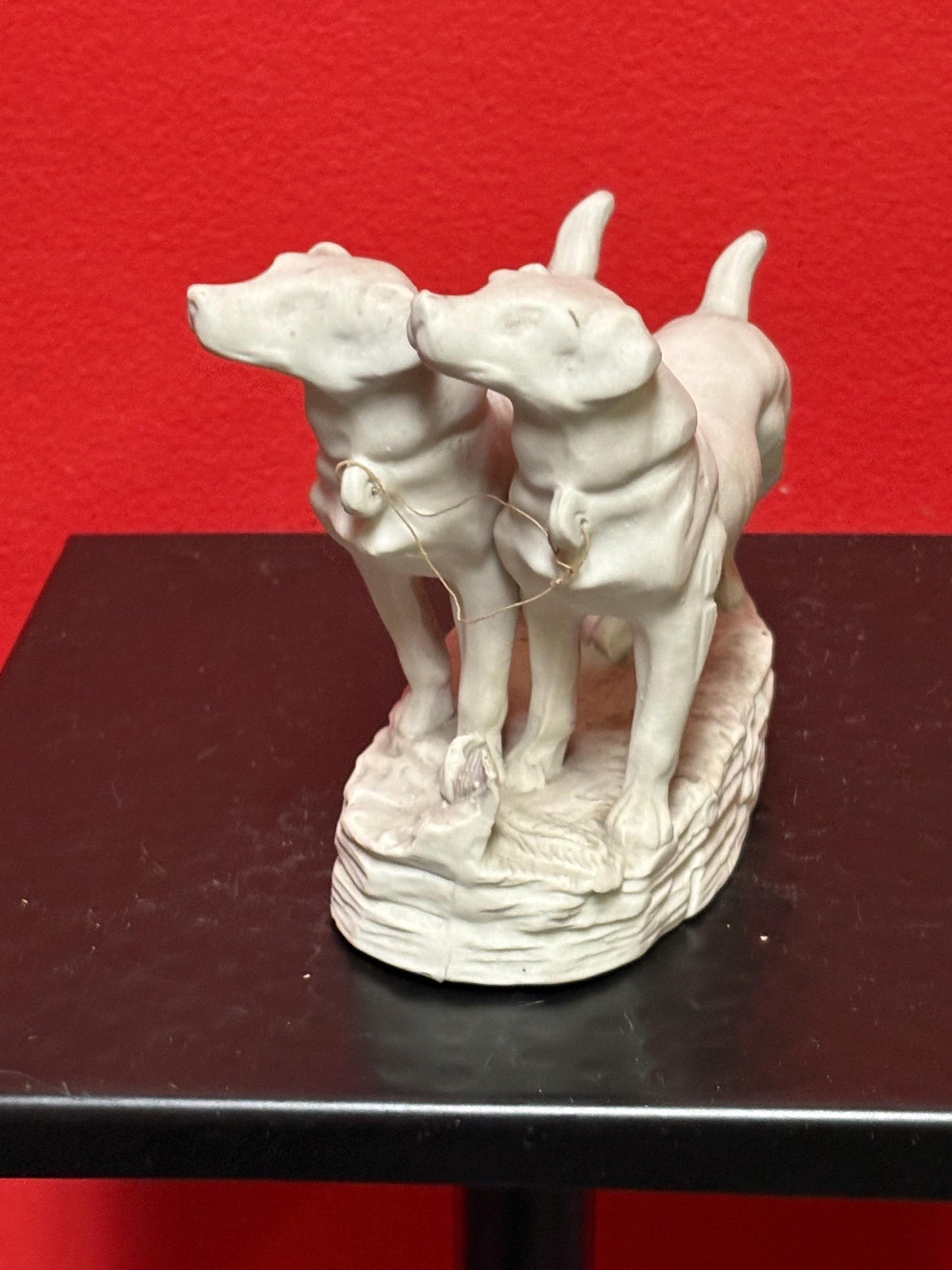 English antique BISQUE 5 x 5 inch statue of hunting dogs in perfect condition -