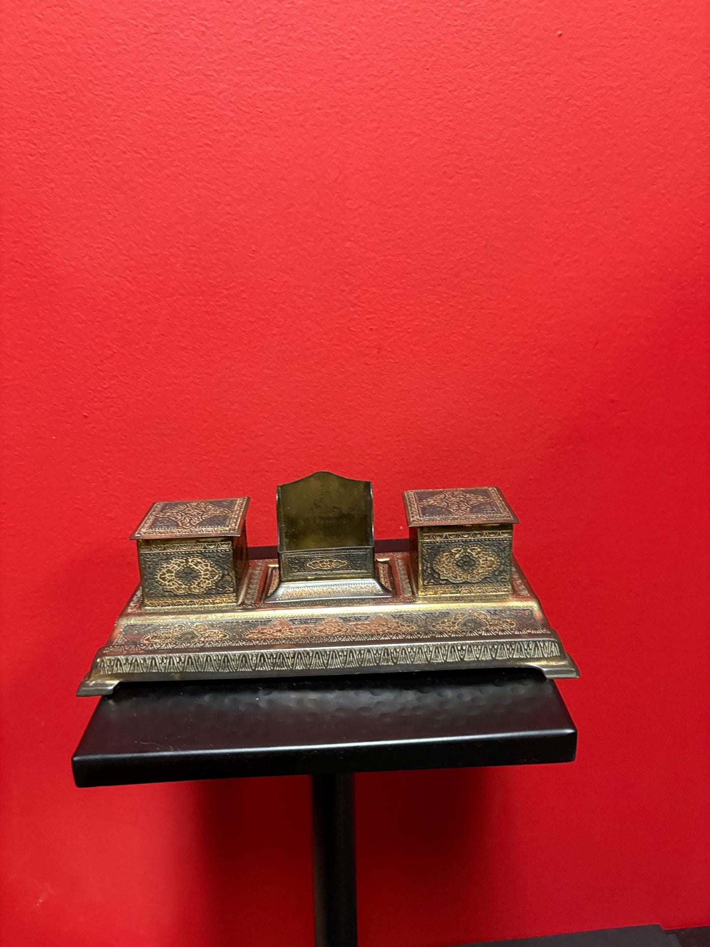 Vintage English Indian Raj style 8 x 5 x 2 1/2“ high highly engraved inkwell set no bottles  great gift