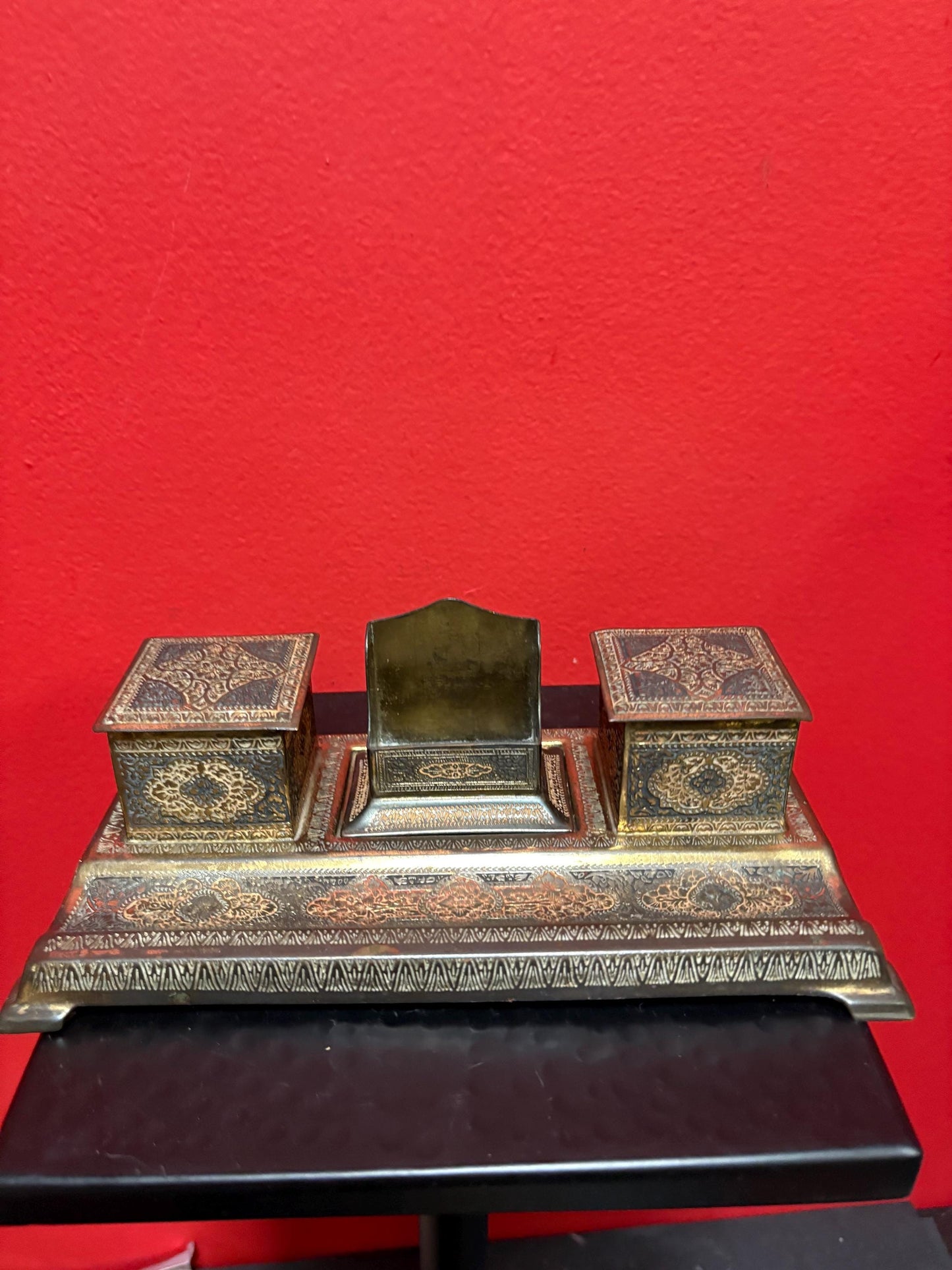 Vintage English Indian Raj style 8 x 5 x 2 1/2“ high highly engraved inkwell set no bottles  great gift