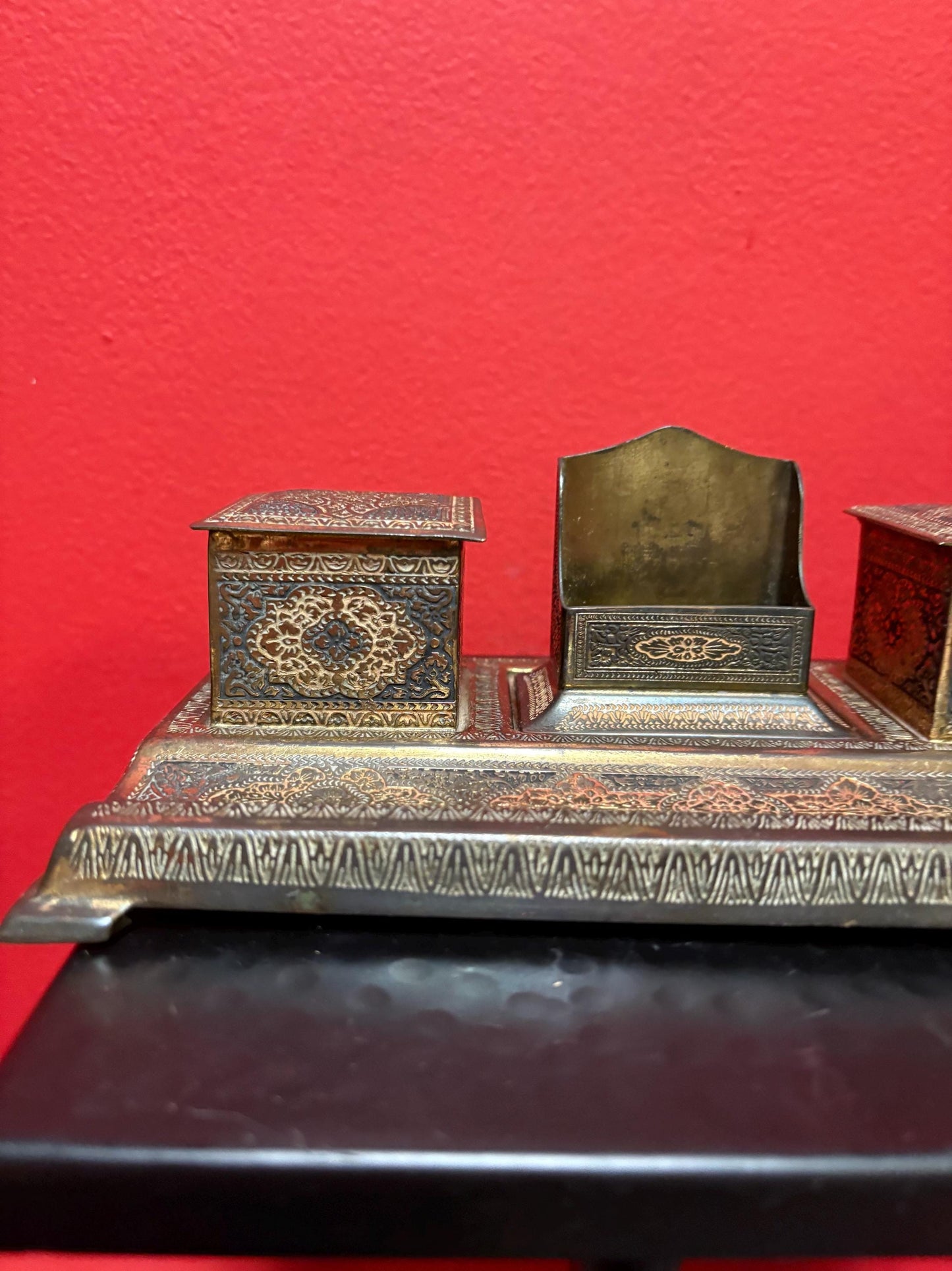 Vintage English Indian Raj style 8 x 5 x 2 1/2“ high highly engraved inkwell set no bottles  great gift